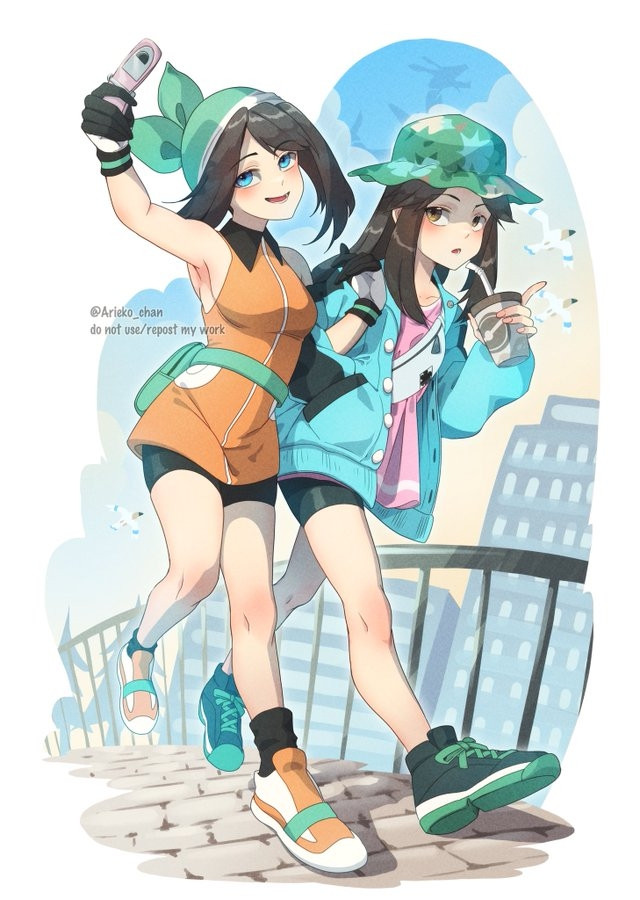 May is wearing her emerald version alt outfit and Leaf is wearing one of her sygna suits from PokeMas