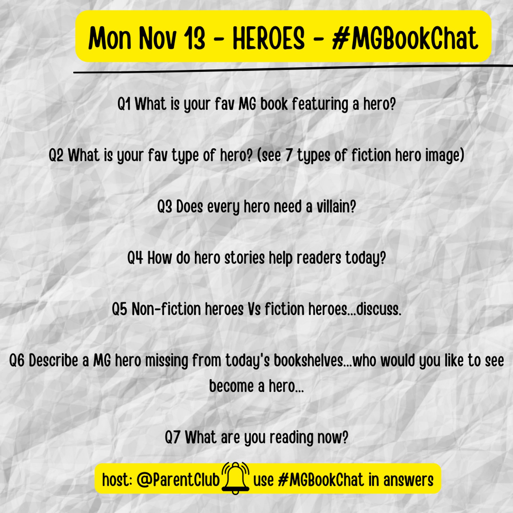 Join me on X Mon Nov 13 as I'll be hosting #MGBookChat. Discussion topic: HEROES in #MGLit The questions are below. 

#kidlitchat #kidlit