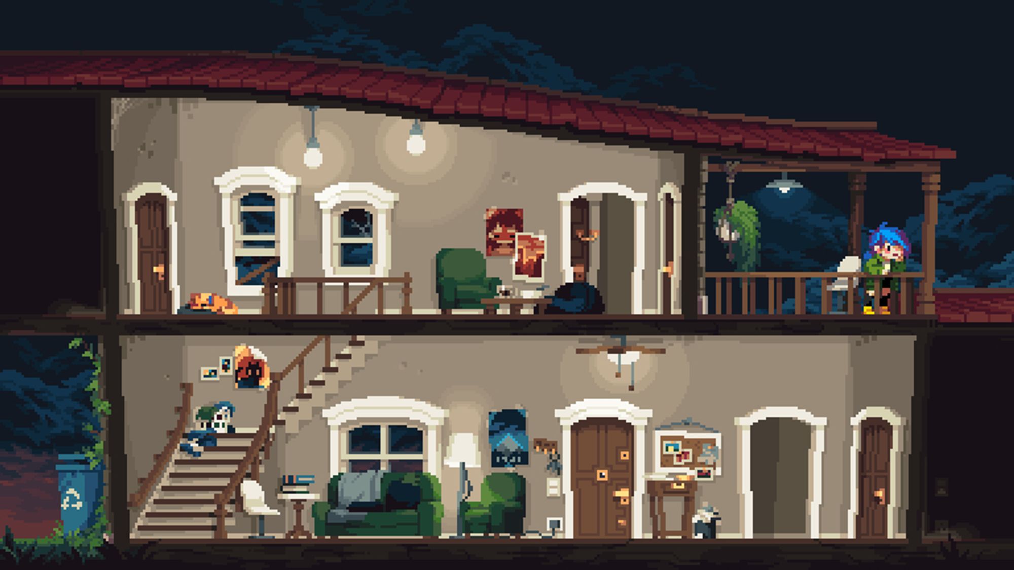 Pixel art cross-section of a 2 floor student home at nighttime. A pensative blue haired character is leaning against the balcony's railing. Some rooms are obscured.