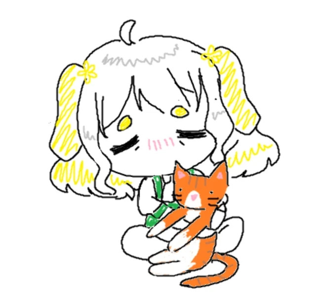 A poorly drawn MS Paint doodle of Lucky Lemonade holding her orange cat, Noodle.