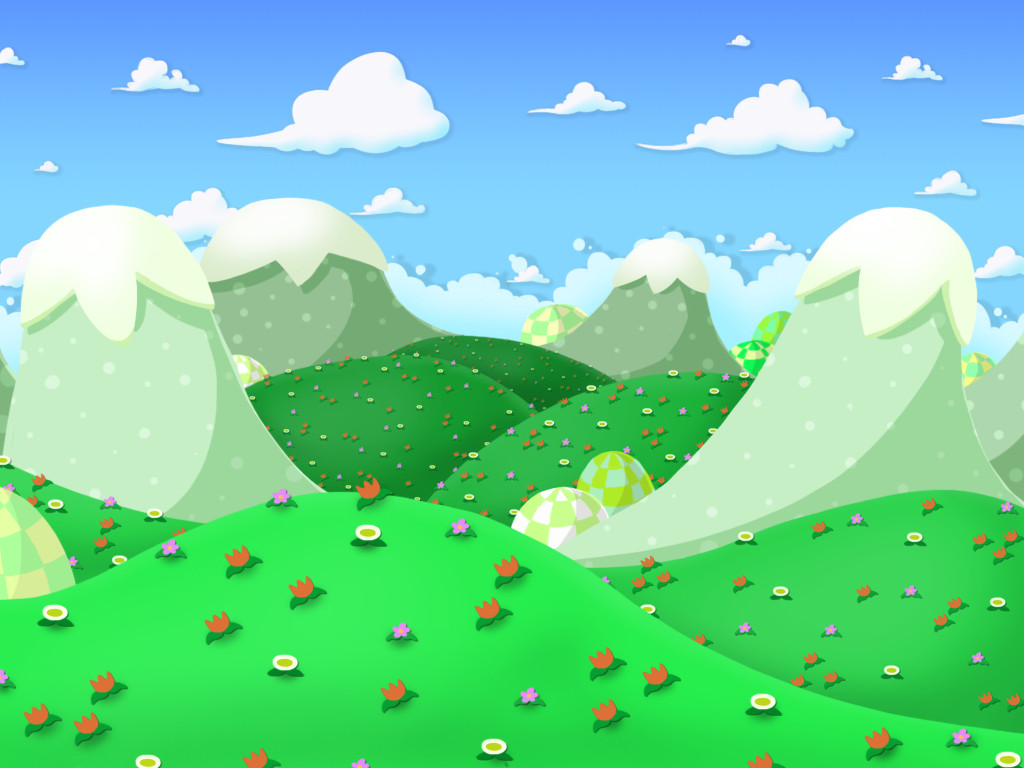 A background illustration of whimsical green hills filled with flowers.