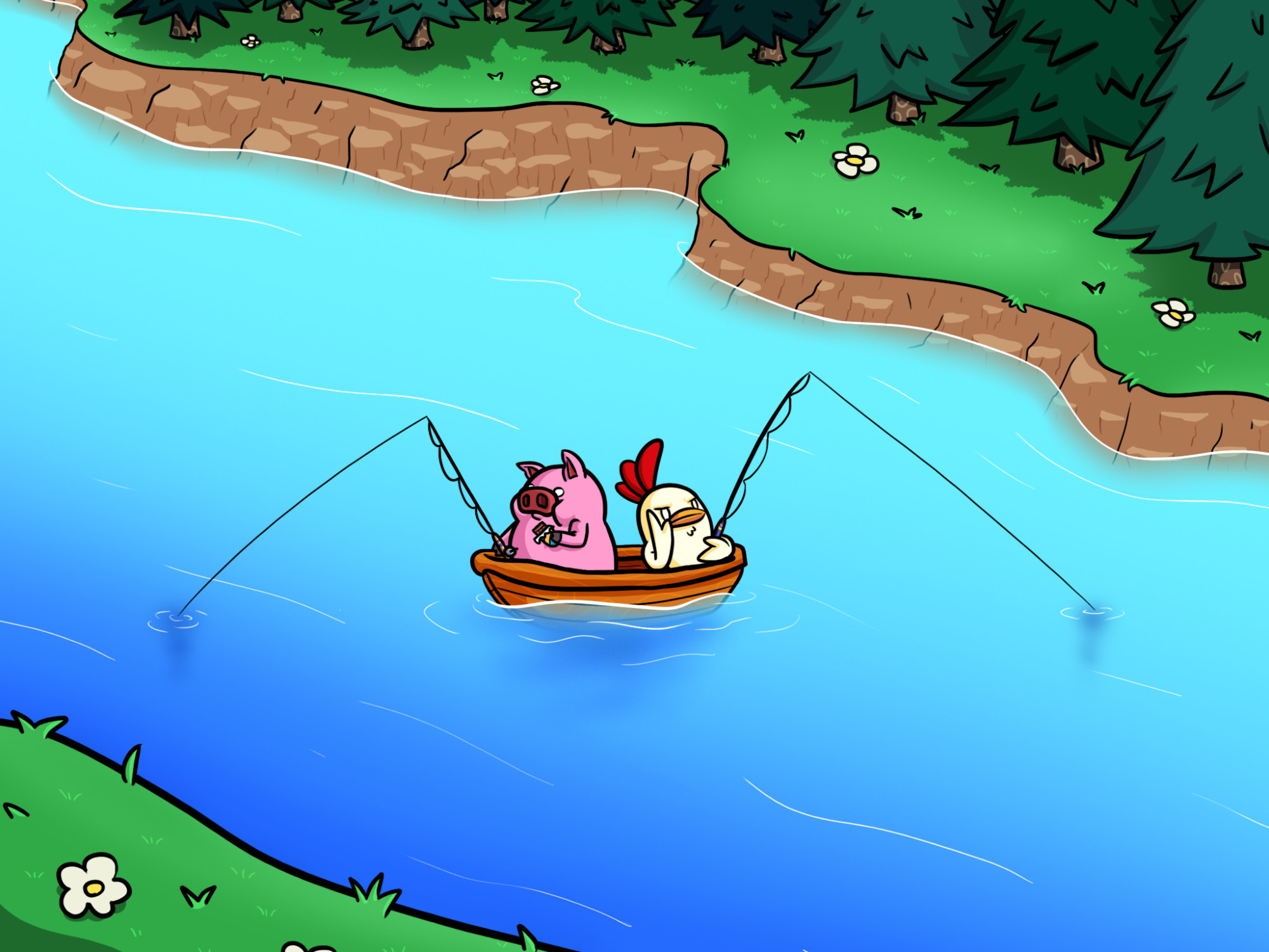 A pig and a chicken in a fishing boat drifting down a lazy river.