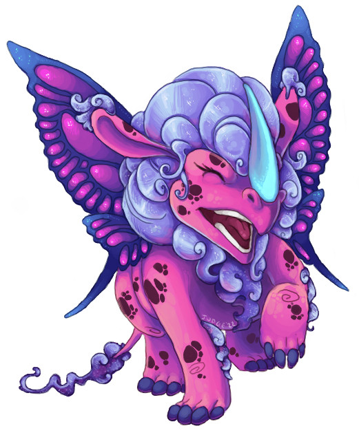 a bright pink rhino, with a blue horn and butterfly wings. it has a large mane of curly hair, which looks like a cloud