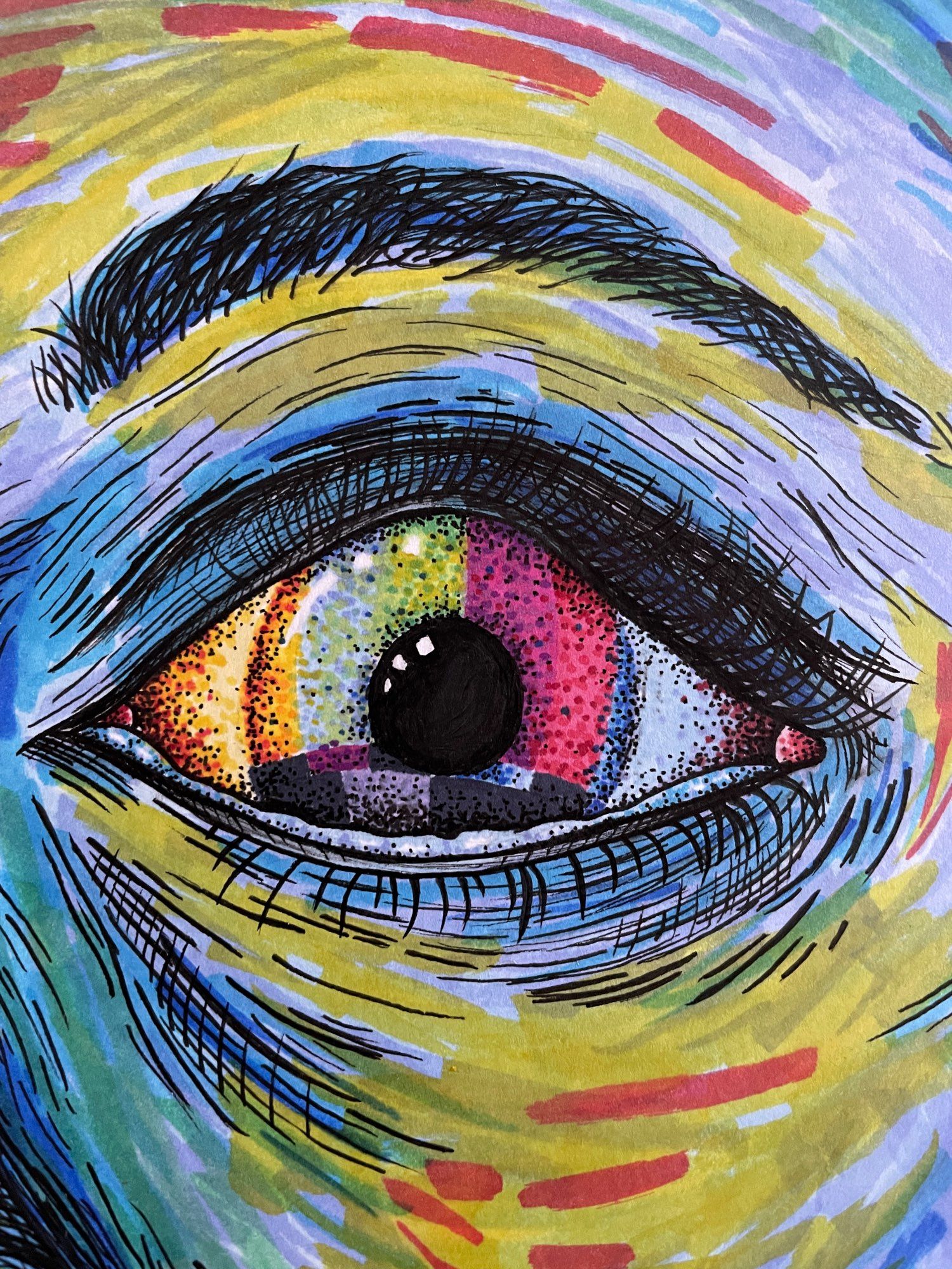 Pen and marker illustration of multicolored eye