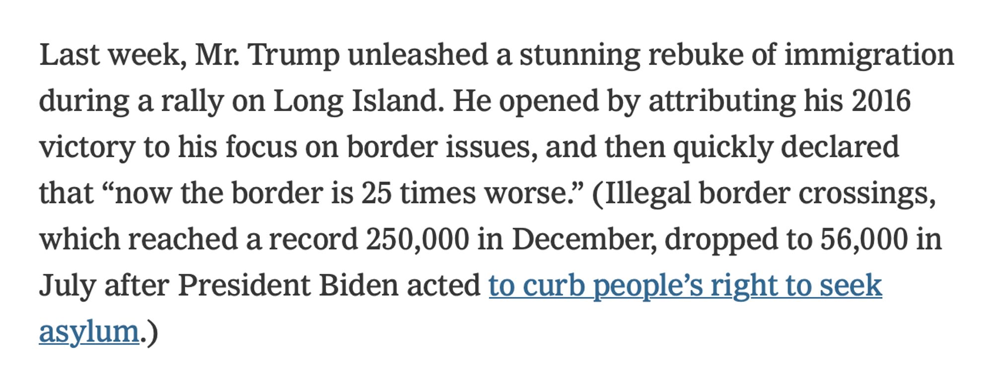 Screenshot of text: 

Last week, Mr. Trump unleashed a stunning rebuke of immigration during a rally on Long Island. He opened by attributing his 2016 victory to his focus on border issues, and then quickly declared that “now the border is 25 times worse.” (Illegal border crossings, which reached a record 250,000 in December, dropped to 56,000 in July after President Biden acted to curb people’s right to seek asylum.)