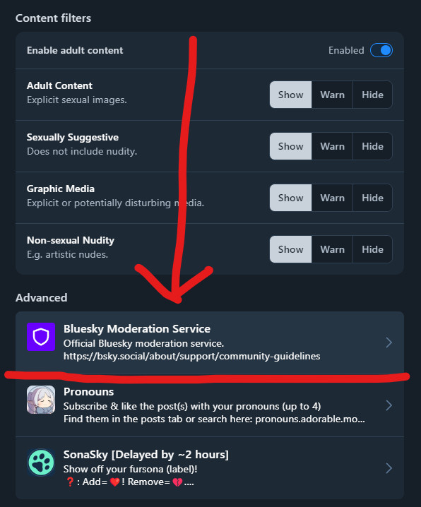 After enabling Adult content, scroll down to Bluesky Moderation Service and click on it