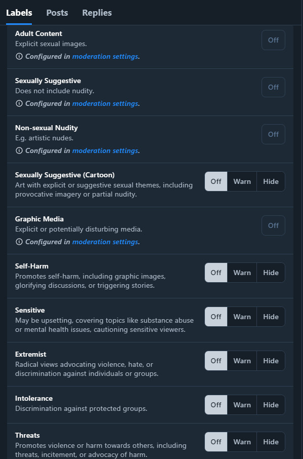 Here you can change a bunch of settings like Whether to show Sensitive posts, Extremist posts, etc