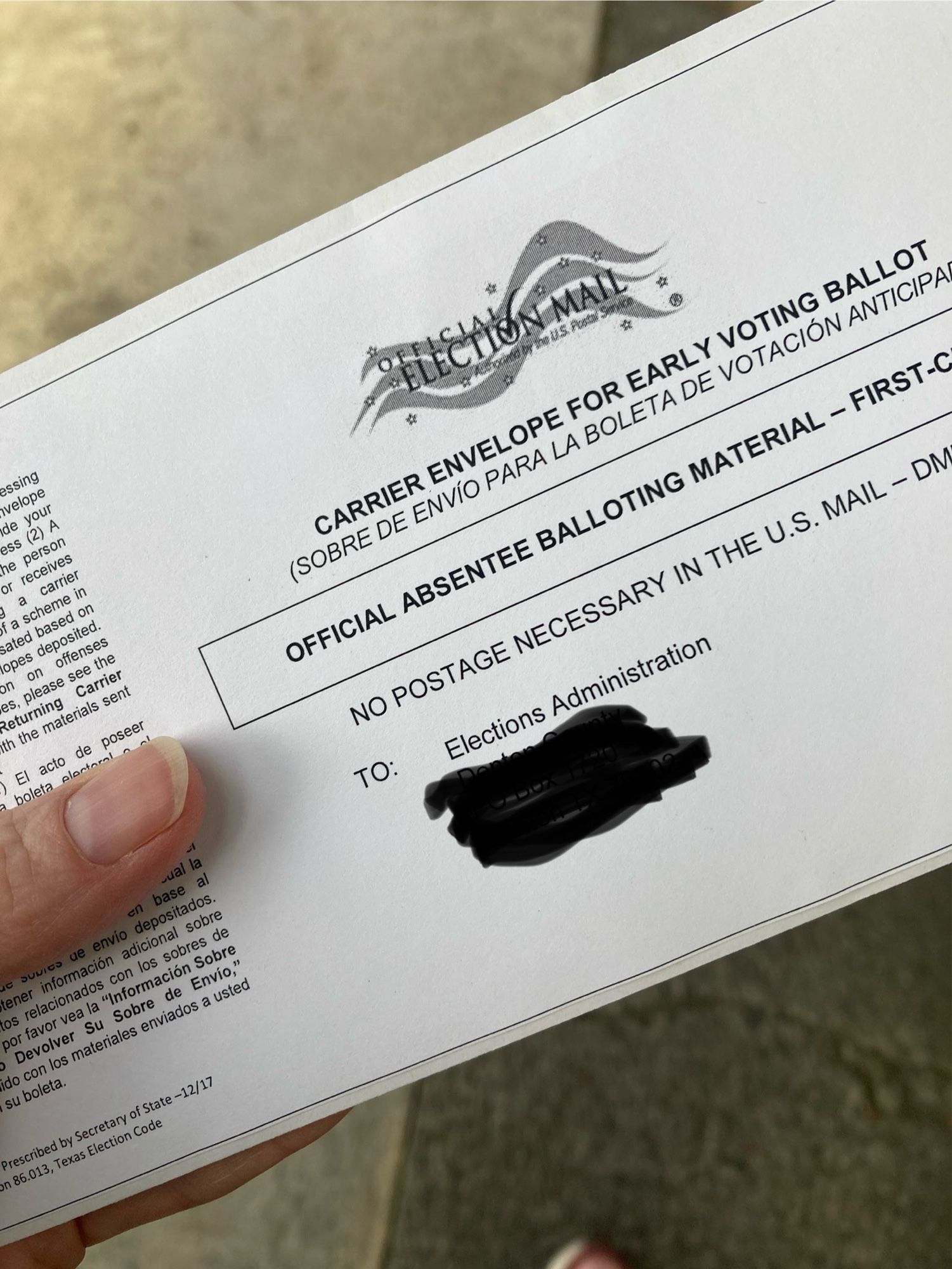 Postage paid envelope for mailing an absentee ballot in the current federal election. Vote, y'all.