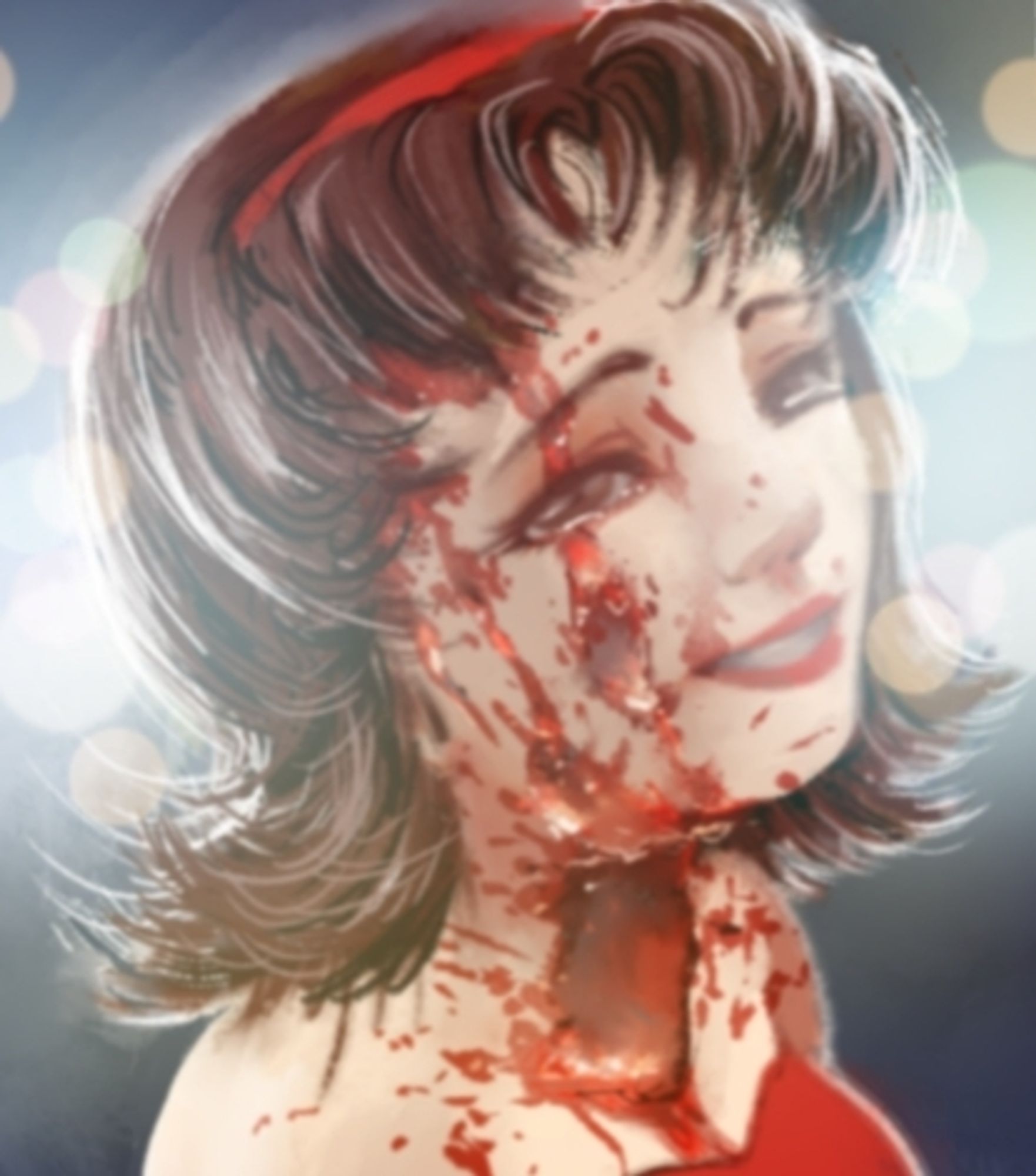 digital illustration of fantasy Mima Kirigoe from perfect blue, she is covered in blood and smiling at the camera. there are headlights behind her