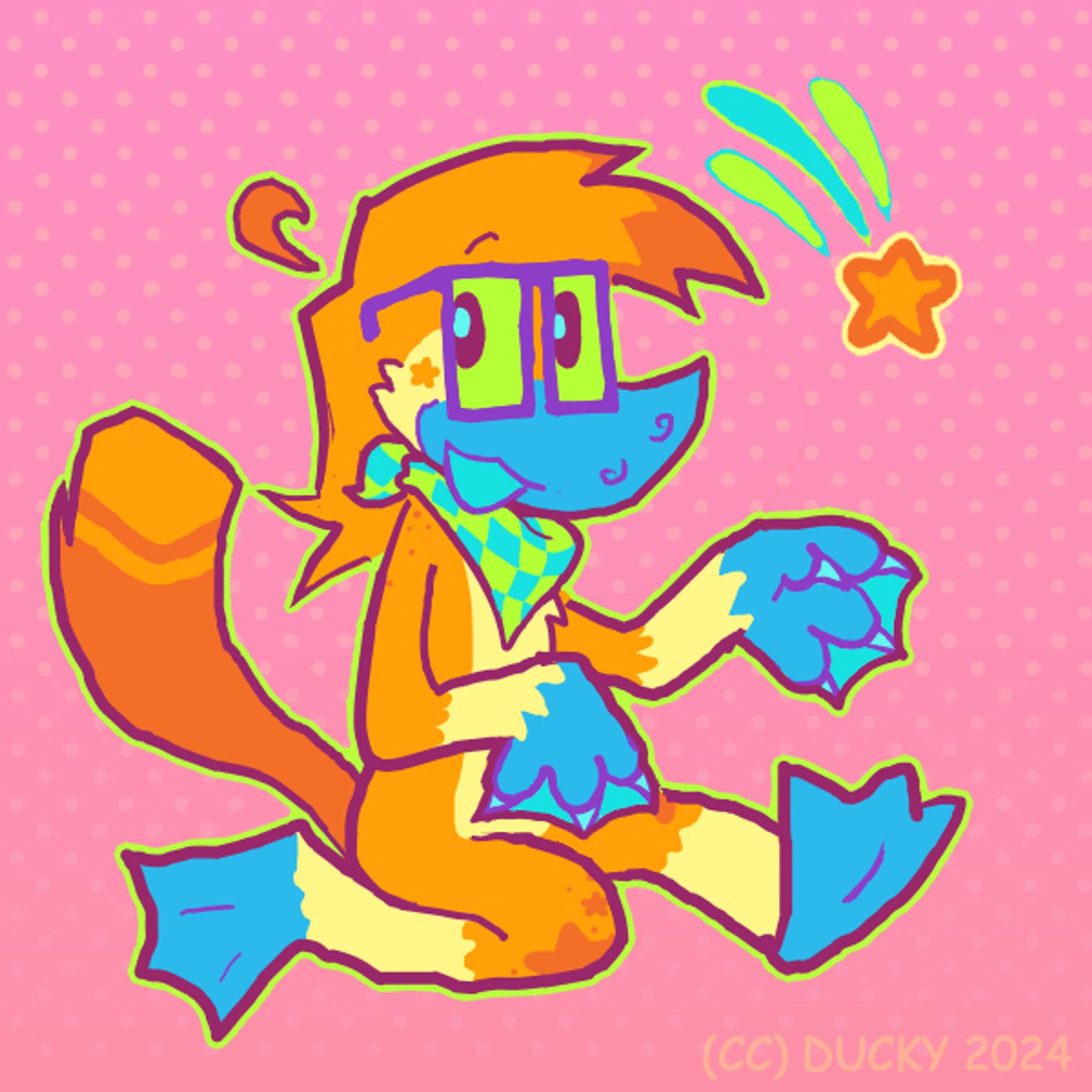 Digital drawing of my fursona, an orange and yellow platypus with teal bill and fit/hands