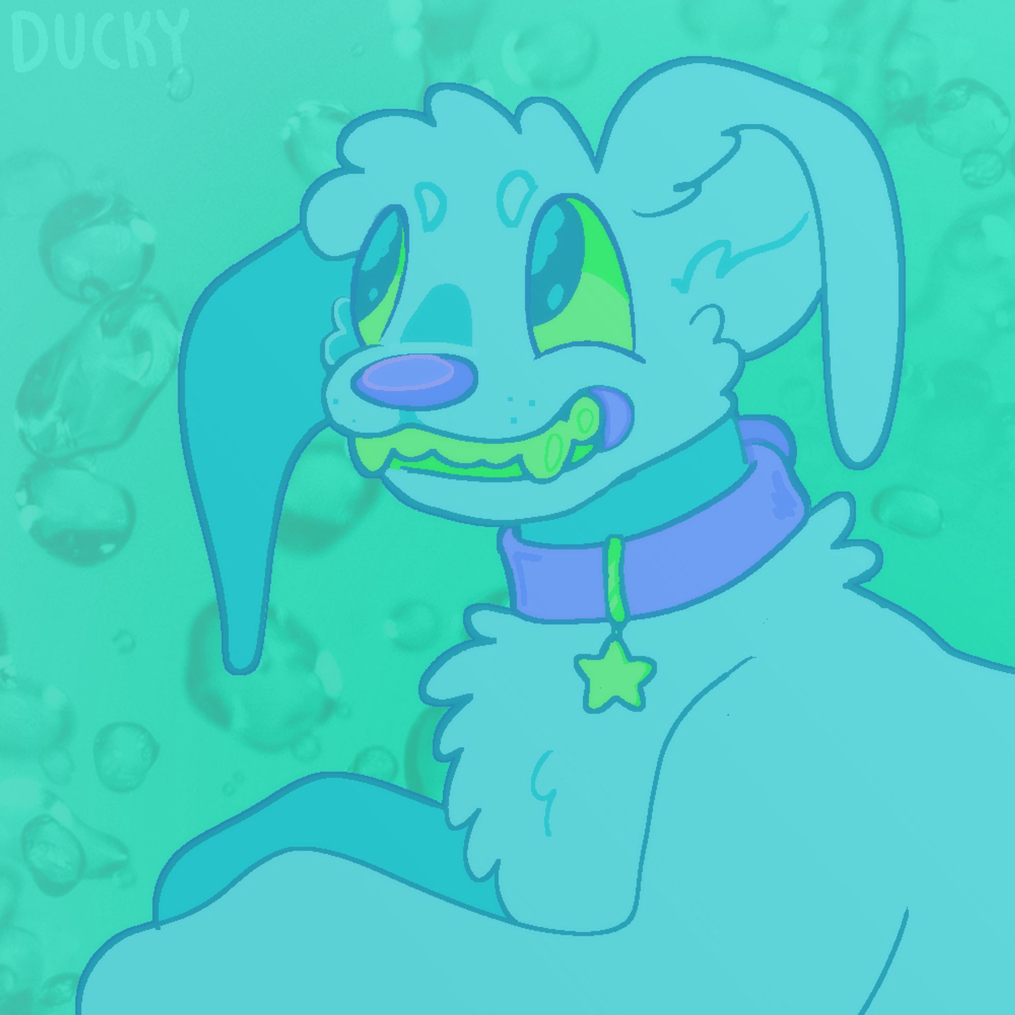 Digital drawing of the upper portion of a toothy-grinned, pale blue dog. He has very long, floppy ears and is wearing a purple collar with a green, star-shaped tag (random design)