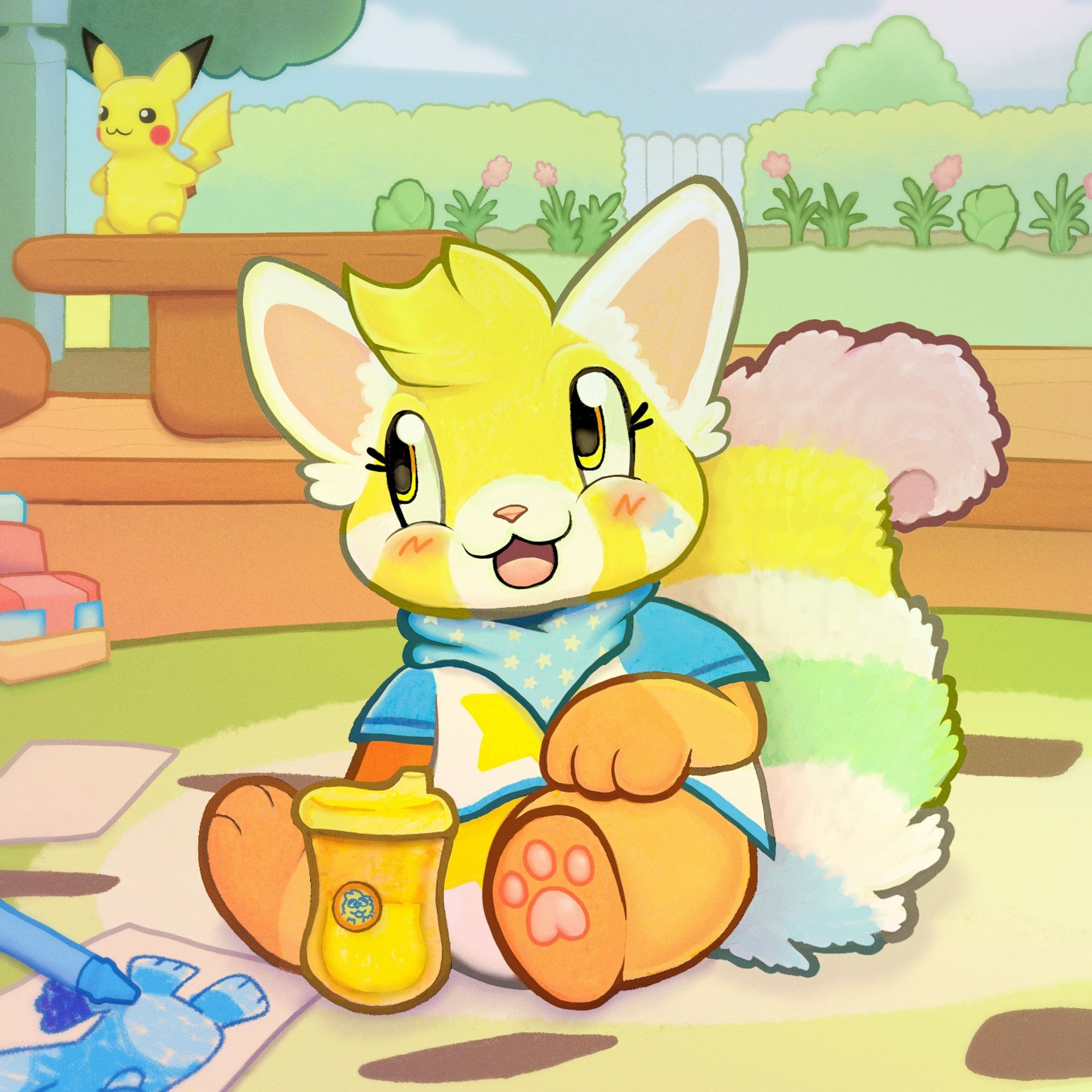 A digital drawing of a young anthro character, sitting on a kiwi rug with a yellow sippy cup in front of her. She is a pastel yellow-and-orange hybrid between a red panda and squirrel, and her tail is striped pastel pink-yellow-white-green-white-blue. (i think there was supposed to be a white stripe in-between the pink and yellow that i missed.) In front of her is a crayon drawing of bluey, with a blue crayon sitting on top; and in the background, on the left, a red crayon and partially-obscured red toy truck.