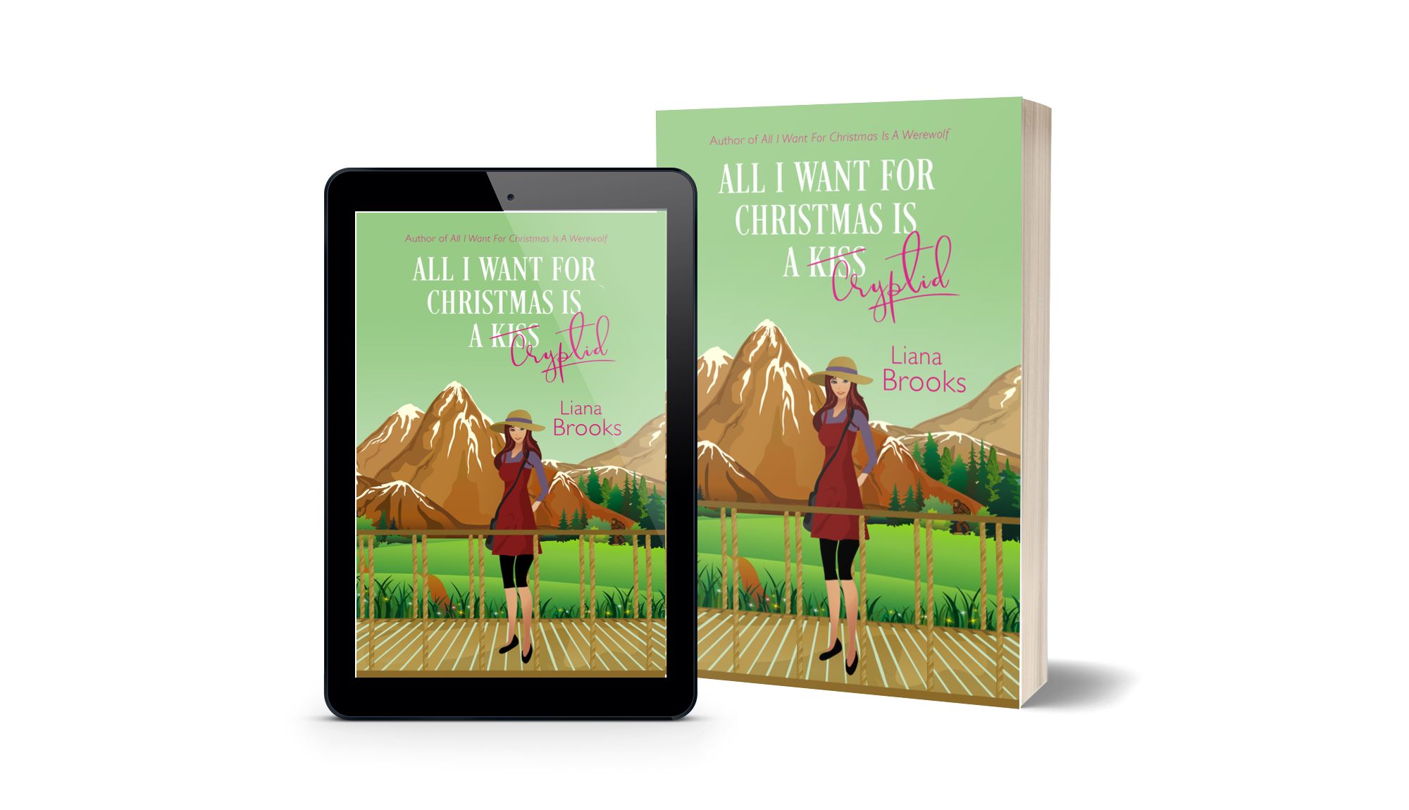 The cover of All I Want For Christmas Is A Cryptid shown as both an ebook and a print copy.

A cartoon of a woman with dark red-brown hair wearing a straw sunhat, a blueberry purple shirt, a brick brown sleeveless dress, with black leggings and black shoes stands on a wooden bridge with a green field and brown, snow-capped mountains behind her. The background color is green and the title is written in white with the word Cryptid in pink.  




