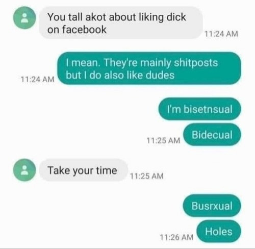 Text message exchange about someone posting a lot about liking dudes and failing horribly at using the word "bisexual" to describe themselves. Ultimately it comes down to "holes."