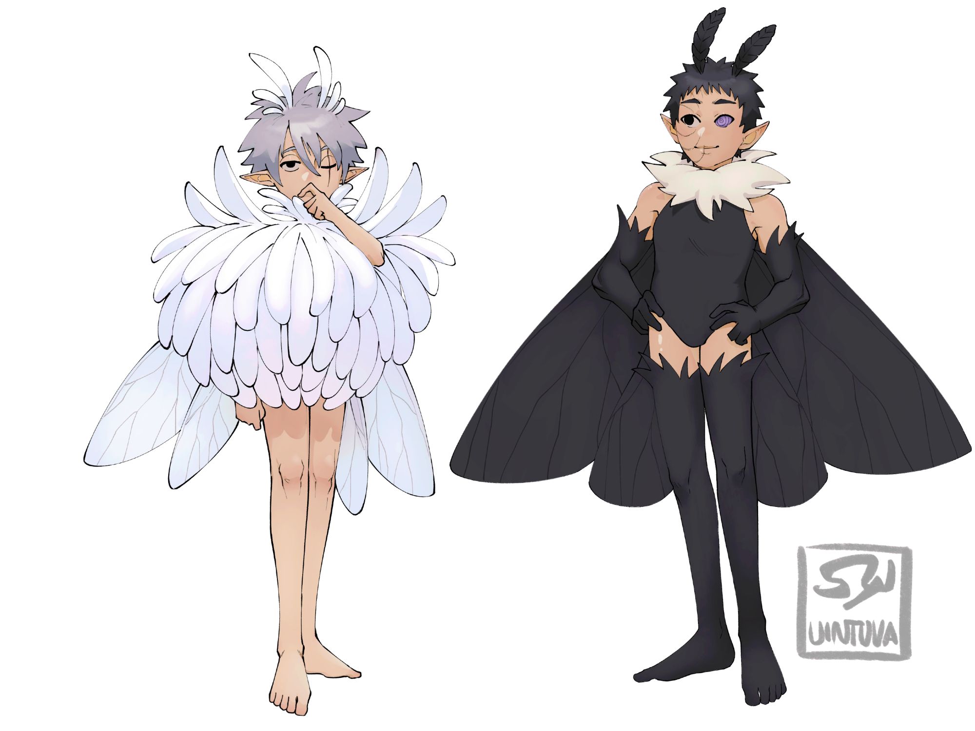 on white background stands two fairy boys. On the left is Kakashi dressed in a chrysanthemum flower and looking like a puffball with his limbs and translucent wings sticking out. Obito is on the right, dressed in a black one piece that has fur collar, thigh high socks with fur and long gloves with fur. He has opaque dark moth wings.