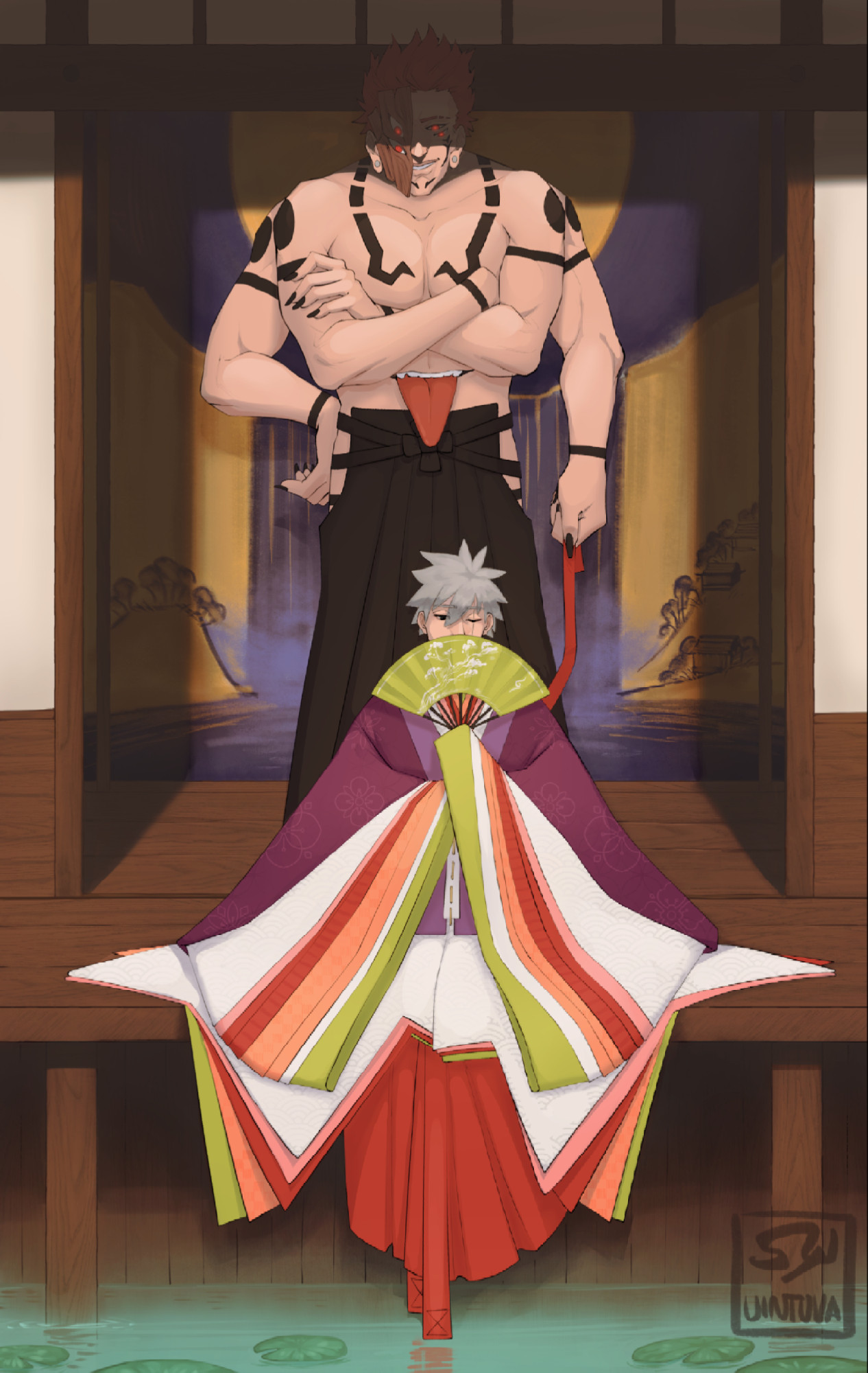 Kakashi sitting on engawa that is above water in a 9 layerd Junihitoe, hiding his face behind a folding fan. Behind him stands Sukuna holding onto a ribbon leading to Kakashi. Sukuna is only wearing hakama. His face is in dark shadow leading to his eyes glowing. Behind even Sukuna, visible between open shoji doors is a mural of a sun overlooking a big waterfall