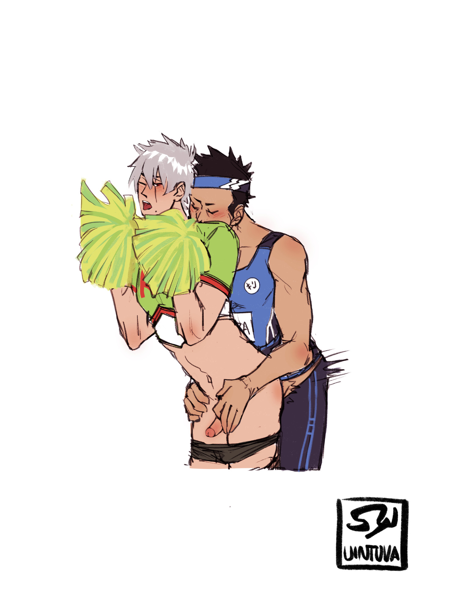 Kakashi in a cheer in crop top with pompoms and his underwear pulled down leaning forward. Zabuza is behind him in a javelin throwing uniform holding Kakashi's upper thighs and fucking into him face against his shoulder.