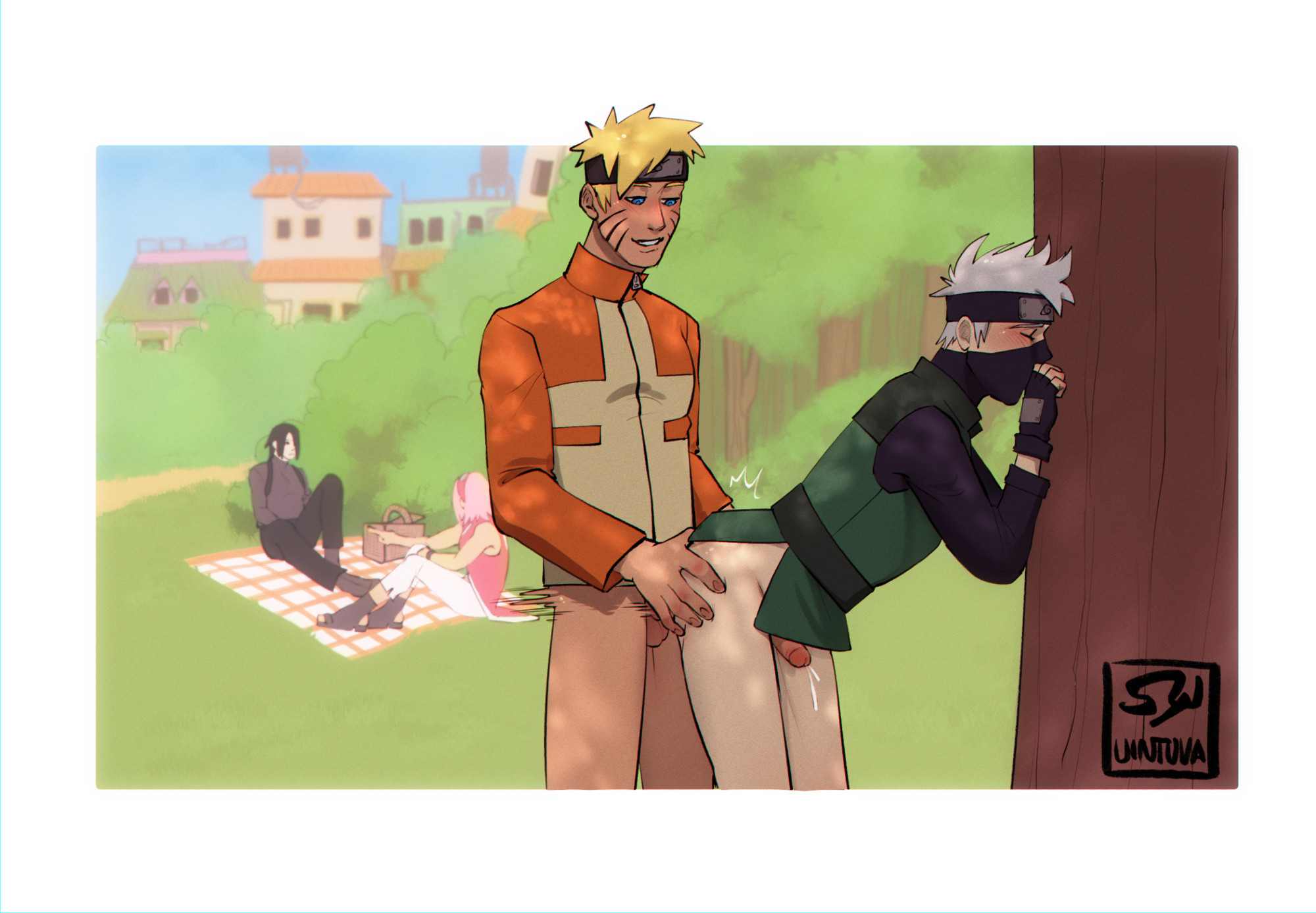 Naruto standing behind Kakashi who is leaning against a tree, he's wearing a jacket and no pants. Naruto has his hands on Kakashi's hips and is rocking into his ass. Kakashi is clutching at the tree and is missing his pants. He has a flack jacket, shirt with a mask and gloves.
on the background there is a training ground with Sasuke and Sakura casually having a picnic. And further behind them there are some building faintly showing.