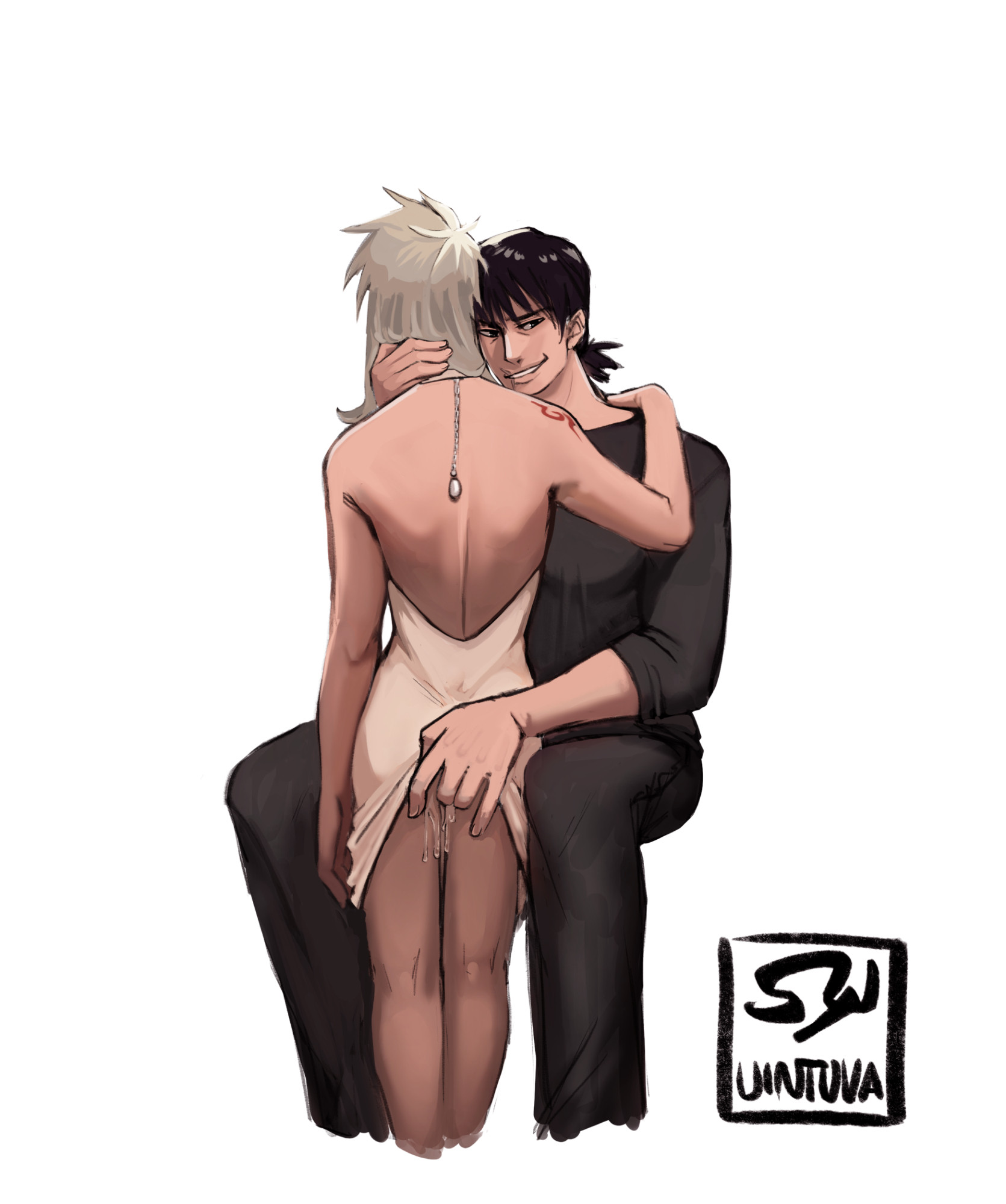 fem Toji sitting down in somewhat baggy black clothing holding the back of Kakashi's neck and fingering her, pulling her skirts up enough to reveal slick dripping down her legs. Toji is smirking at the camera while Kakashi is facing away, dress backless and one hand resting against Toji's shoulder.