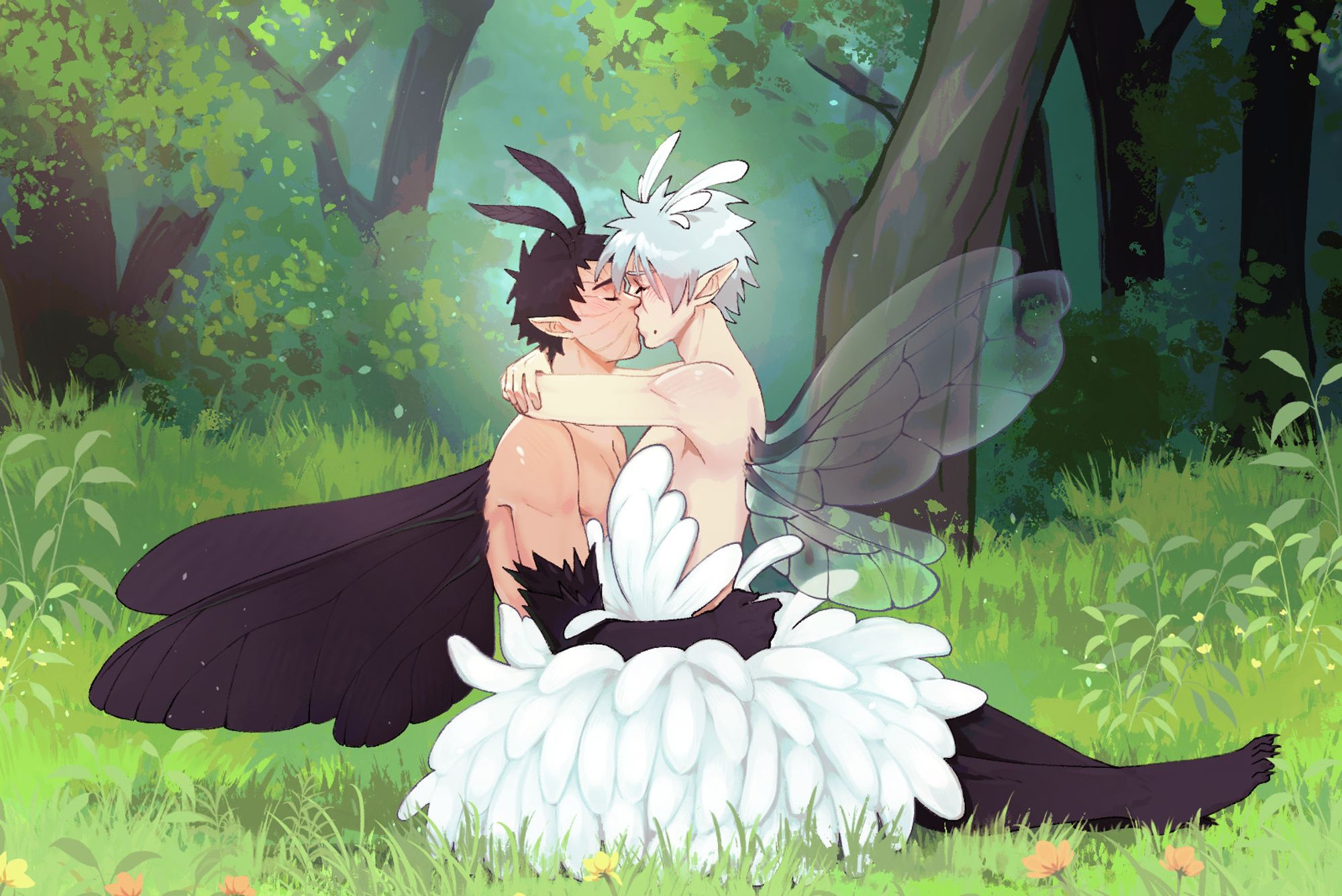 Against a leaf forest glade, Obito is sitting on the ground with Kakashi in his lap, embracing each other and kissing passionately. Both of them are fairies, Obito with dark moth antennas and wings, legs and arms coverd in dark fur. Kakashi has white moth antenna and see through moth wings with a chrysanthemum flower acting as his dress.