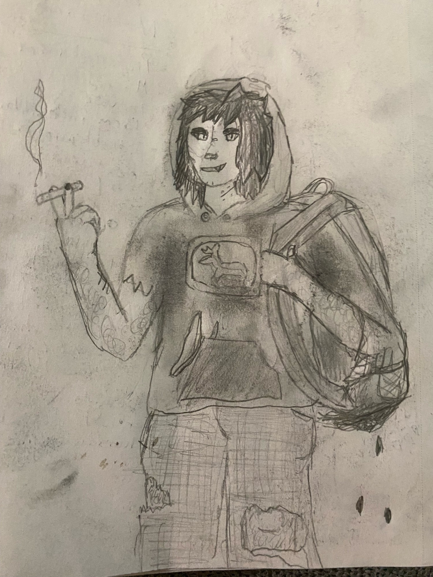 A young androgynous person smoking a cigarette. They have long choppy black hair and scars covering their visible skin. They are wearing dirty and torn clothes, including a John Deere hoodie and a loose fitting pair of jeans. They are carrying a backpack over one shoulder which is also filthy and seems to be dripping with… something. 

Hand drawn with pencil on paper.