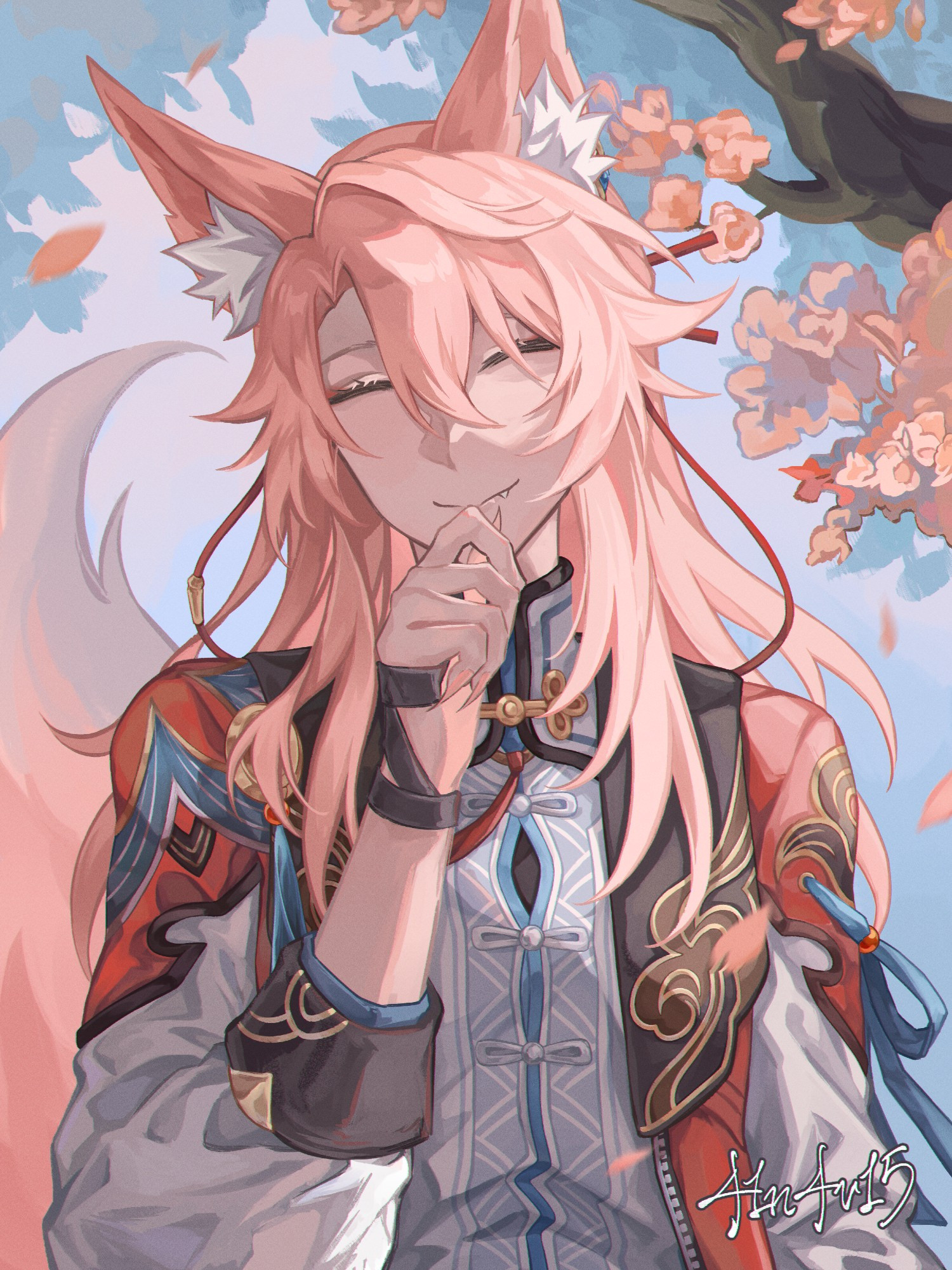 Digital painting of Jiaoqiu from Honkai Star Rail. 

He is smiling facing the camera with his eyes closed and has his right hand placed on his chin. There is a simple background with a pink cherry blossom branch.