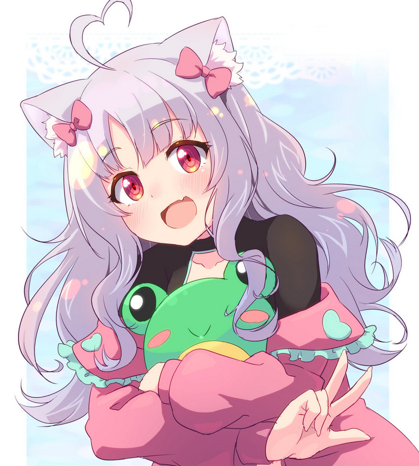 Silver-haired anime cat girl hugging a round green frog while doing a peace sign with her right hand.