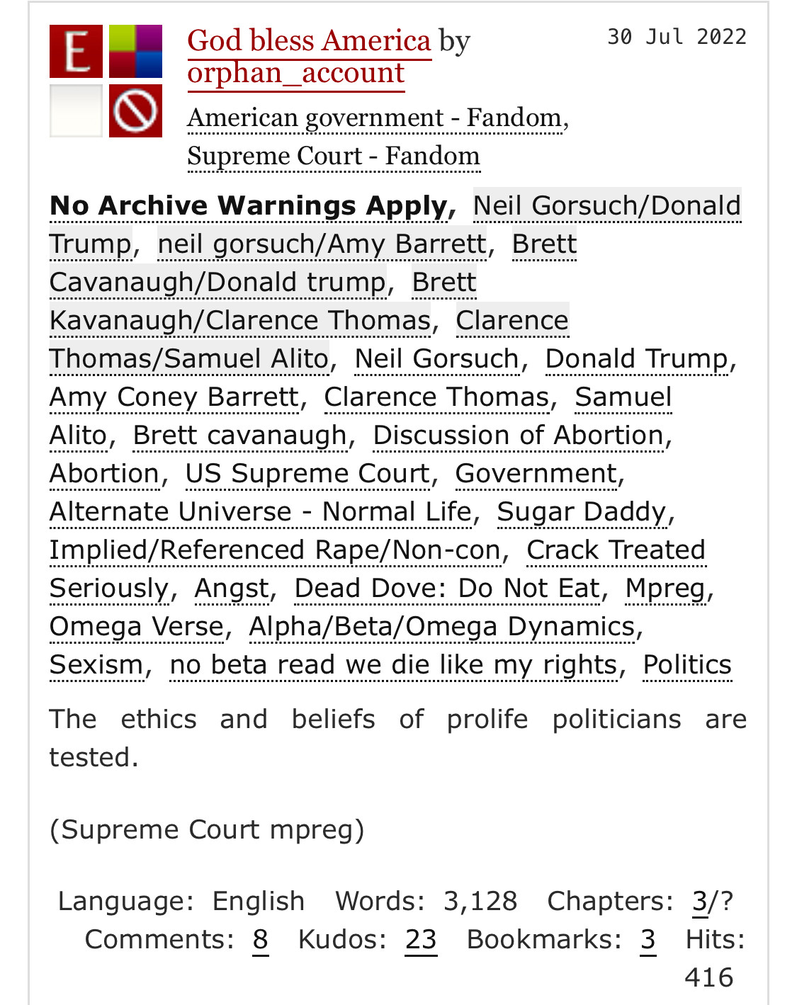 A screenshot of tags of a story posted to Ao3. It’s titled “God bless America” and the description indicates it’s SCOTUS mpreg.