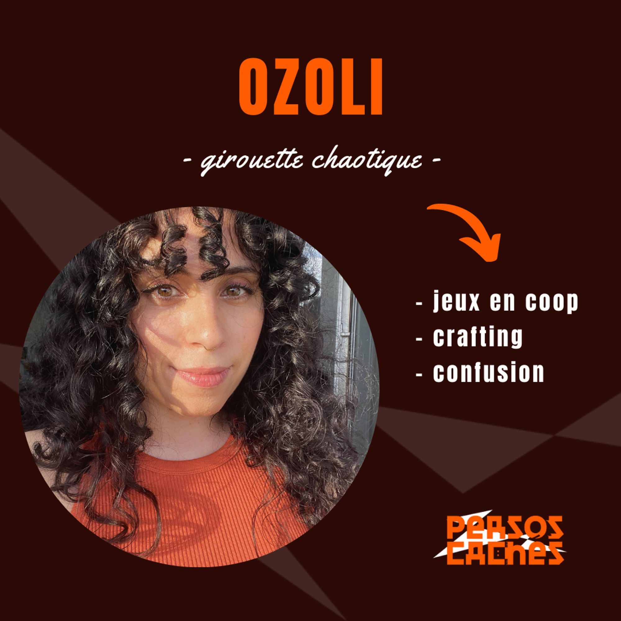 Première partie du portrait de Ozoli.
On y voit son avatar et on y lit : 
« Ozoli : girouette chaotique » ainsi que trois mots clés : « jeux en coop, crafting, confusion ».