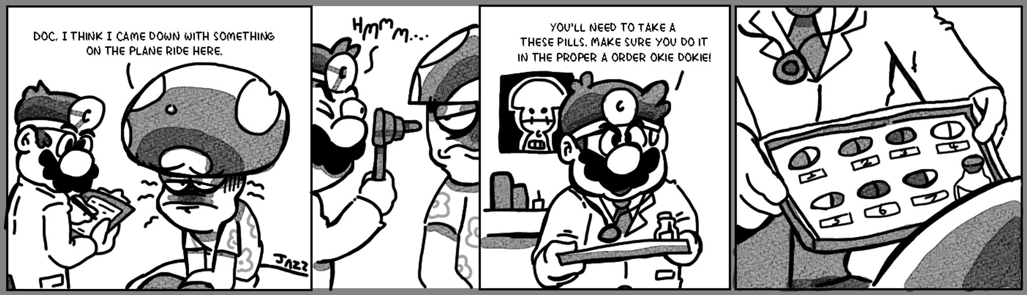 Jazz visits Dr.Mario not feeling too good, The Doc inspects his....ear??? And then prescribes Jazz to eat a set of pills in a specific order, they would be colored but this is a grayscale comic so pretend this is Gameboy Dr.Mario.