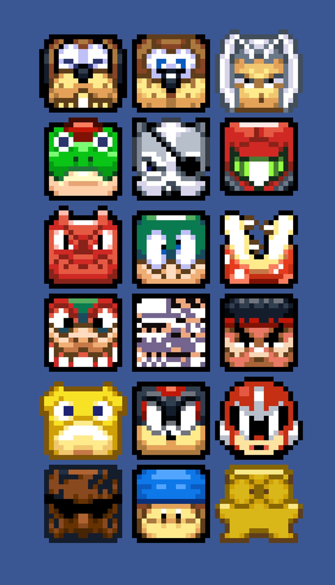 16x16 pixel block sprites of Smash bros and Adjacent characters, the image includes Duck Hunt Dog, Banjo, Sephiorth, Slippy Toad, Wolf, Samus, Charizard, Lemmy Koopa, Piranha Plant, Bowser, MissingNo., Ryu, Oatchi, Shadow the hedgehog, Protoman, Bayonetta's Rodin, Bandanna Waddle dee and Diskun.