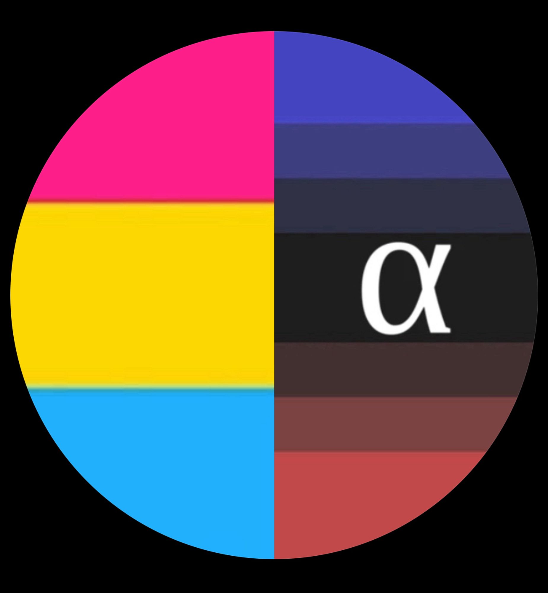 A circular image half pansexual flag half ambiamorous flag