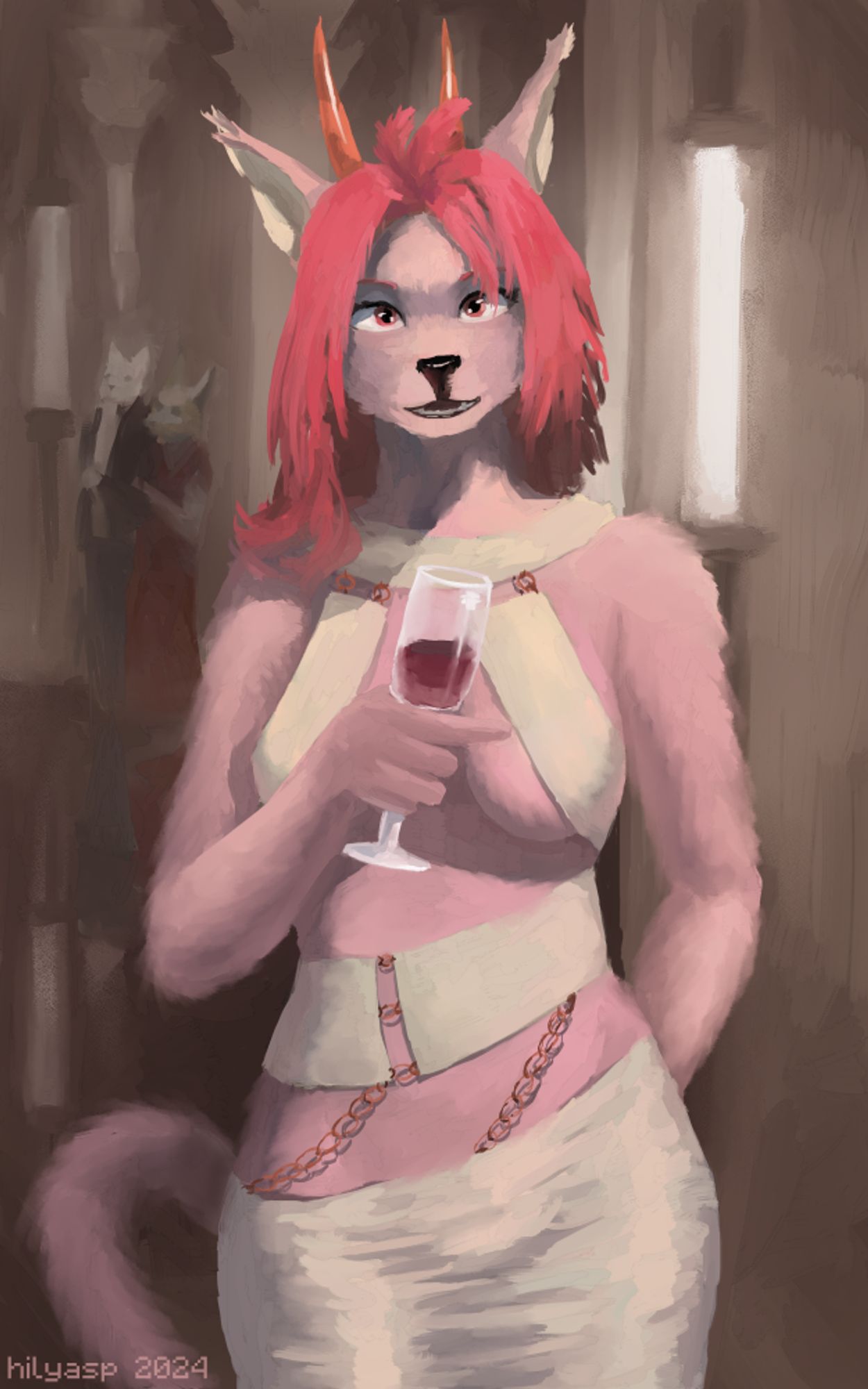 Art of an female anthro Sarah (looks like wolf with horns) standing in front of you and suggesting you to go with her. She holds the glass of wine