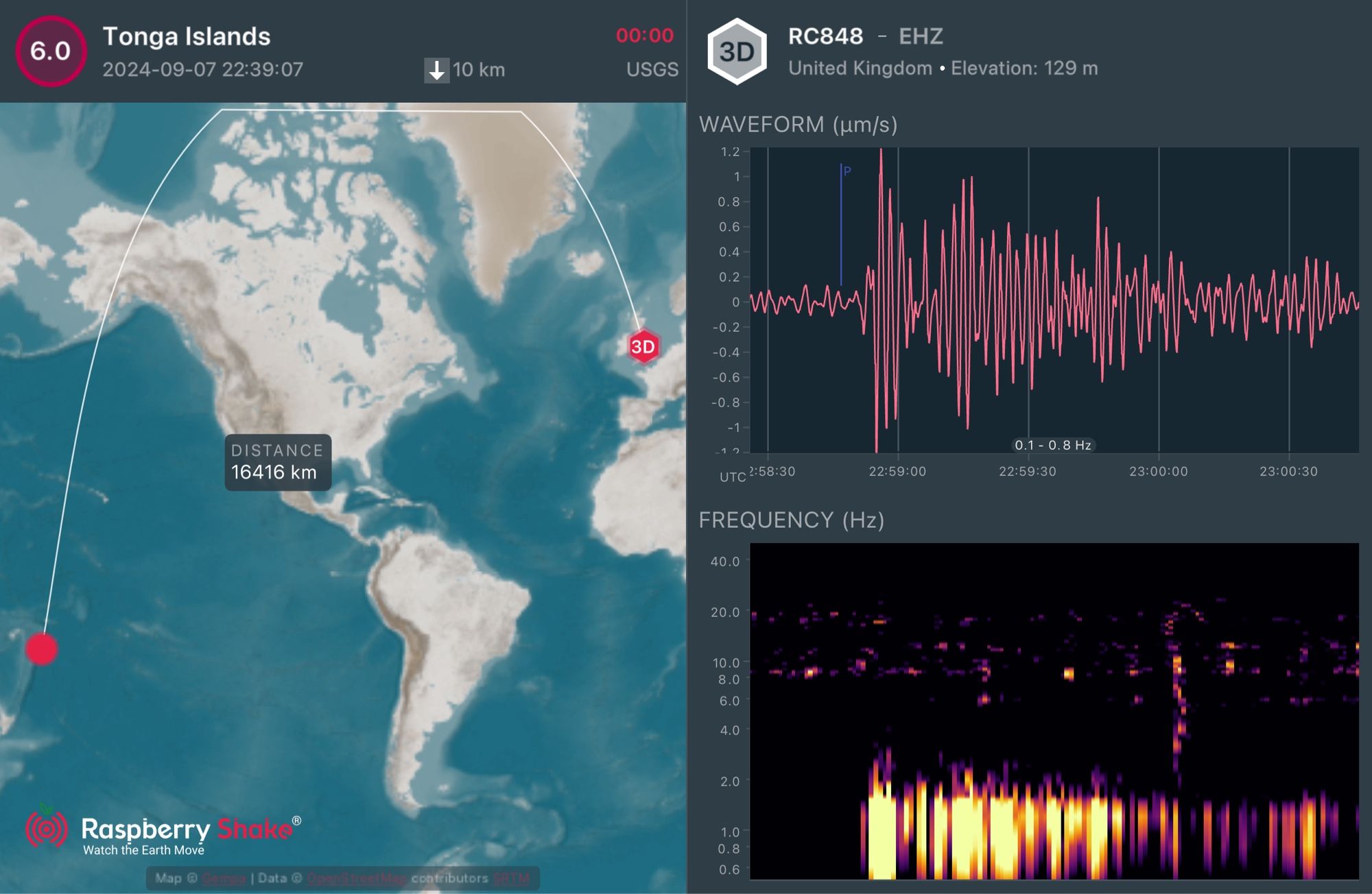Earthquake diagrams. 
Map of wavepath from source to receiver, seismogram of vertical component of ground motion velocity and spectrogram showing frequency content against time. 

22:39:07 UTC 2024/09/07 M6.0 Tonga Islands