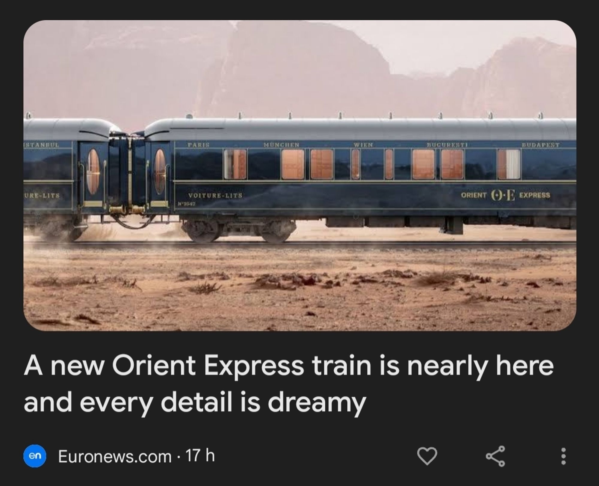 Title card of an Euronews article named "A new Orient Express train is nearly here and every detail is dreamy"