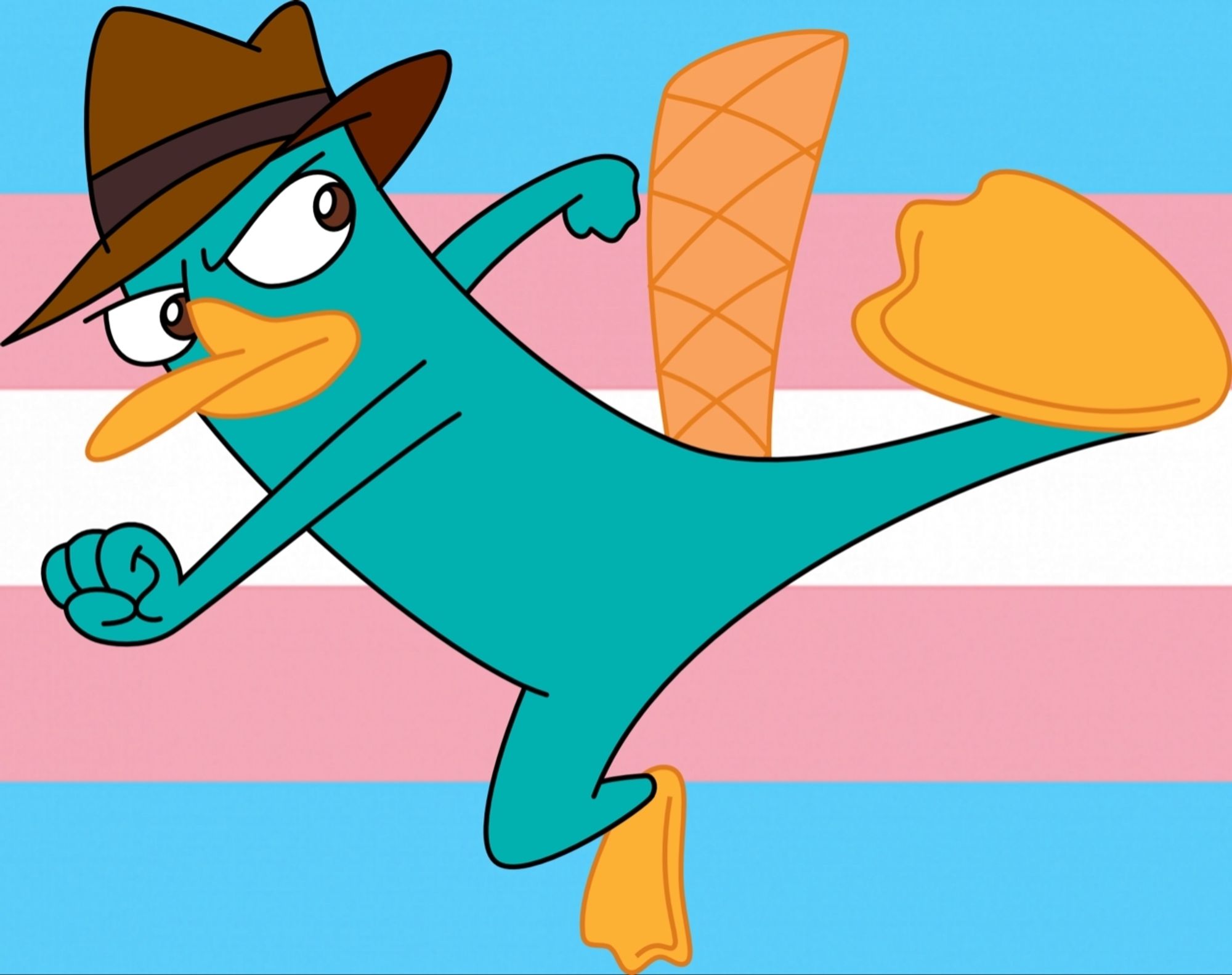 Perry the platypus with a trans flag behind him