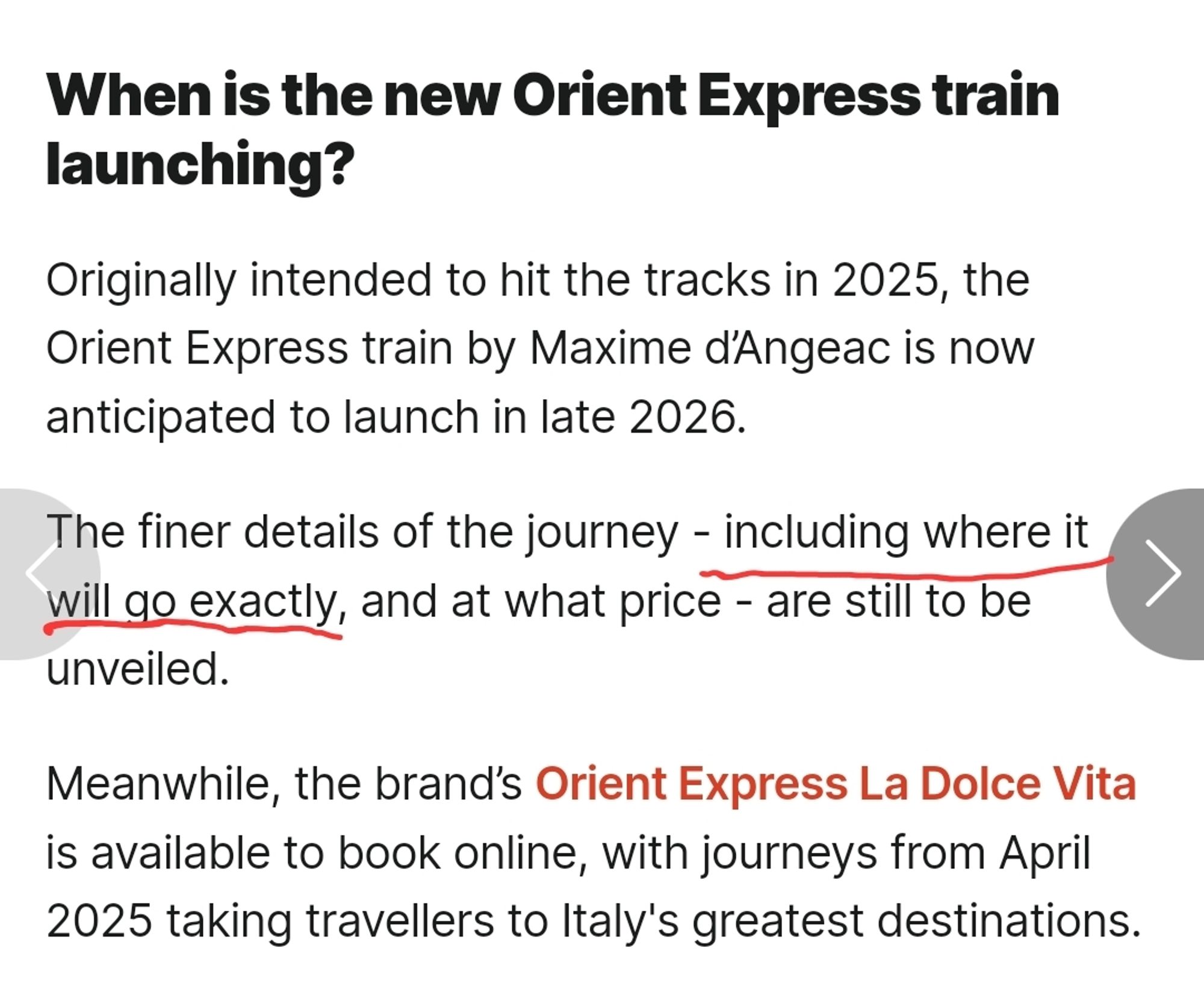 Screencap of the conclusion of the article, an important paragraph stating "The finer details of the journey - including where it will go exactly, and at what price - are still to be unveiled." with the "including where it will go exactly" part underlined in red