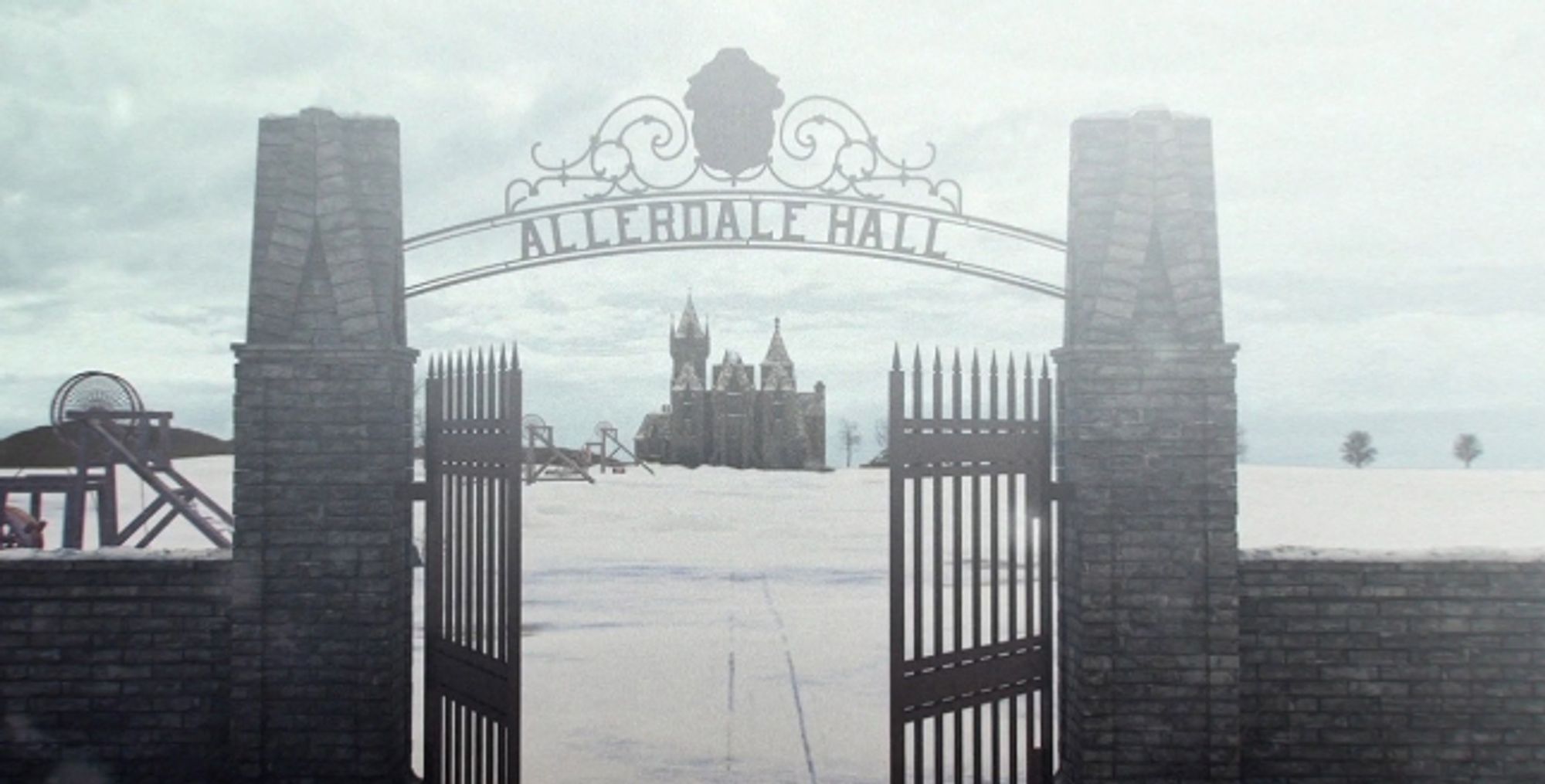 Black and white photo of the gothic entrance gates to Allerdale Hall from the movie Crimson Peak.