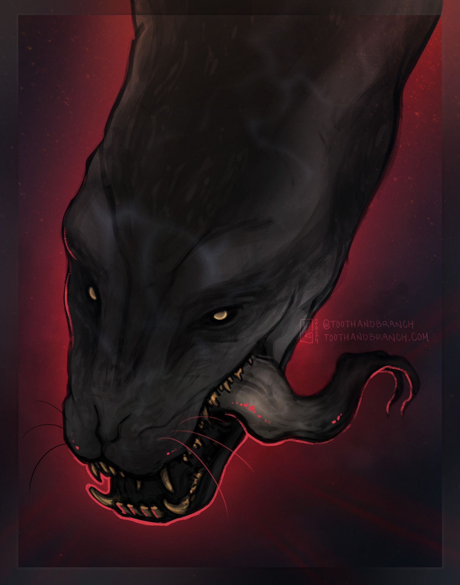 A creature based on a leopard seal with golden eyes and teeth dives toward the bottom of the sea, where a red glow casts an eerie light on its open maw and the forked tongue hanging out of it.