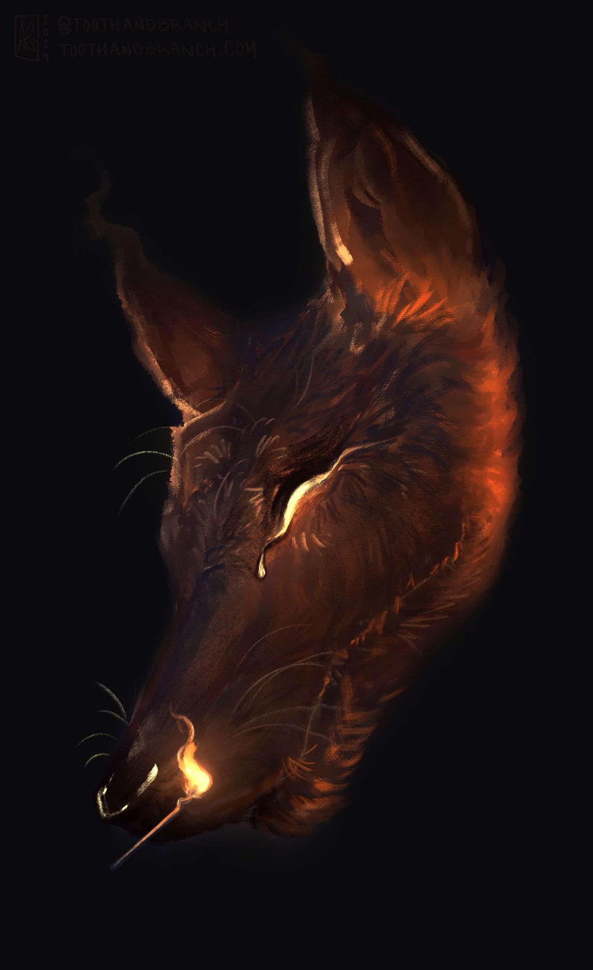 A floating fox head in a black void. A single lit match in front of its snout casts a warm glow on its fur, which is a reddish brown. The creature's eye is a narrow slit, curved in amusement, pure gold and with a single pale teardrop marking at its lacrimal caruncle.