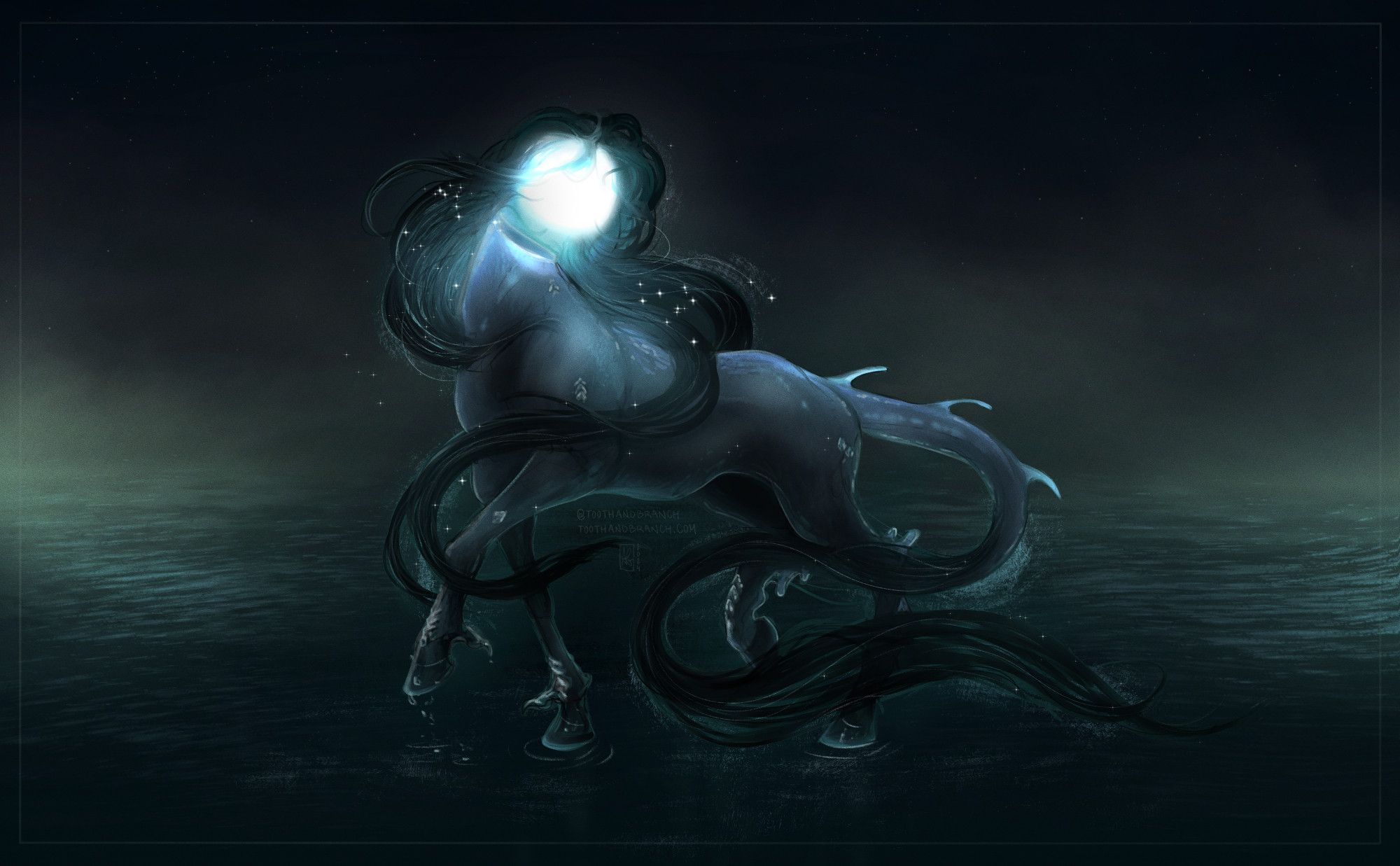 Digital painting of a gray-skinned equine with a floating ball of light for a head. The neck glows with an ethereal light where it ends in a stump. The character has long, flowing black locks of hair from its mane and about halfway down its spined tail. The body is sleek with scattered scales. The character stands on the waters of a dark, still ocean.