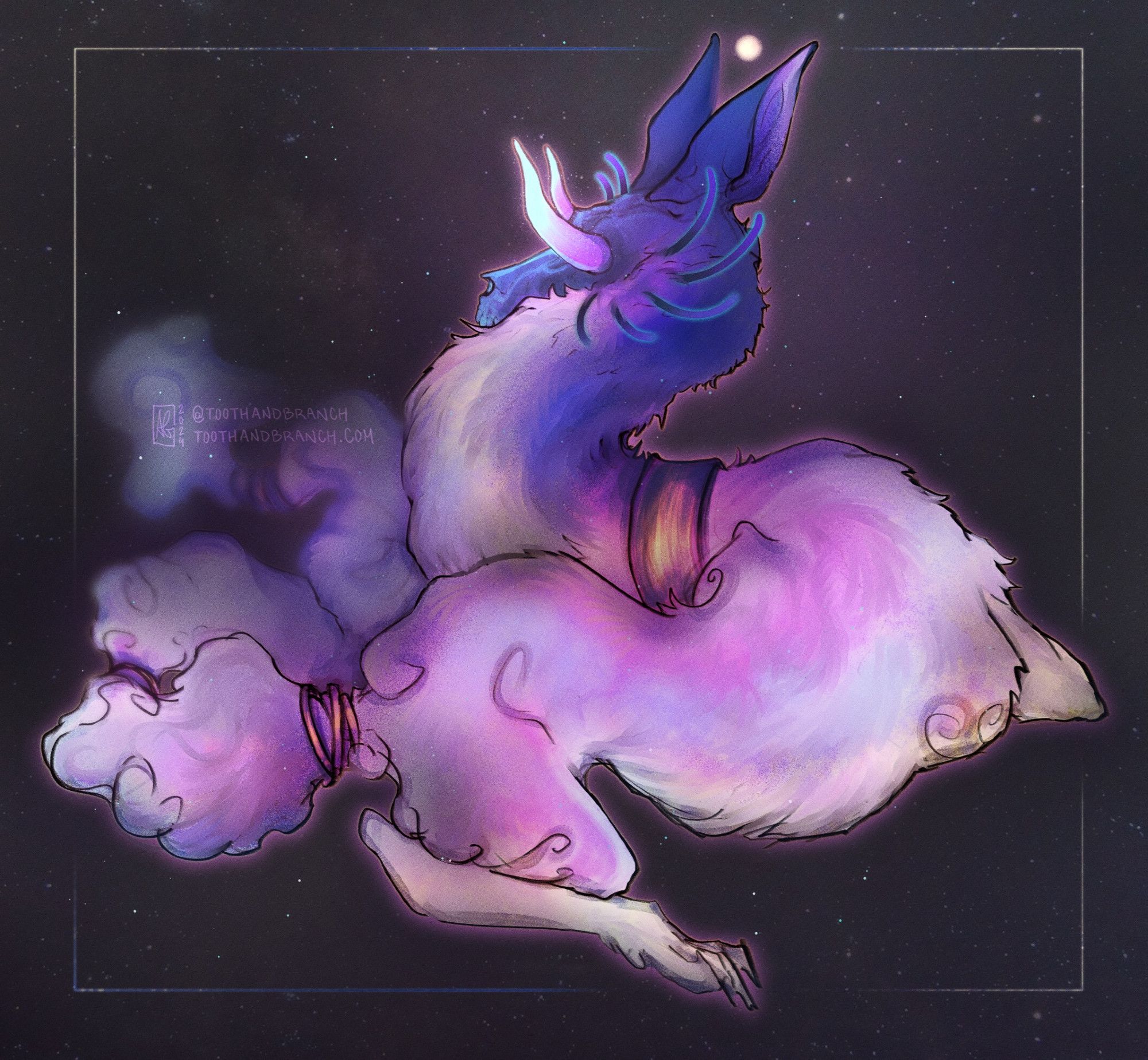 Digital illustration of a fluffy worm dragon in space. It has mantis-like eyes and a dark blue skull for a face. Its body is a shimmering, glittery mix of purples, pinks, and light blues. Its tail is tied off in segments and looks very fluffy.