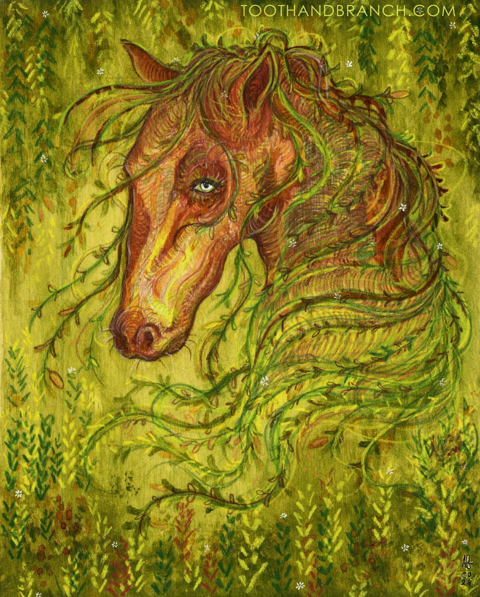 Watercolour painting of a horse portrait with a mane of willow shoots, abstractly immersed in patterns of grass and other foliage. The horse is a warm reddish brown.