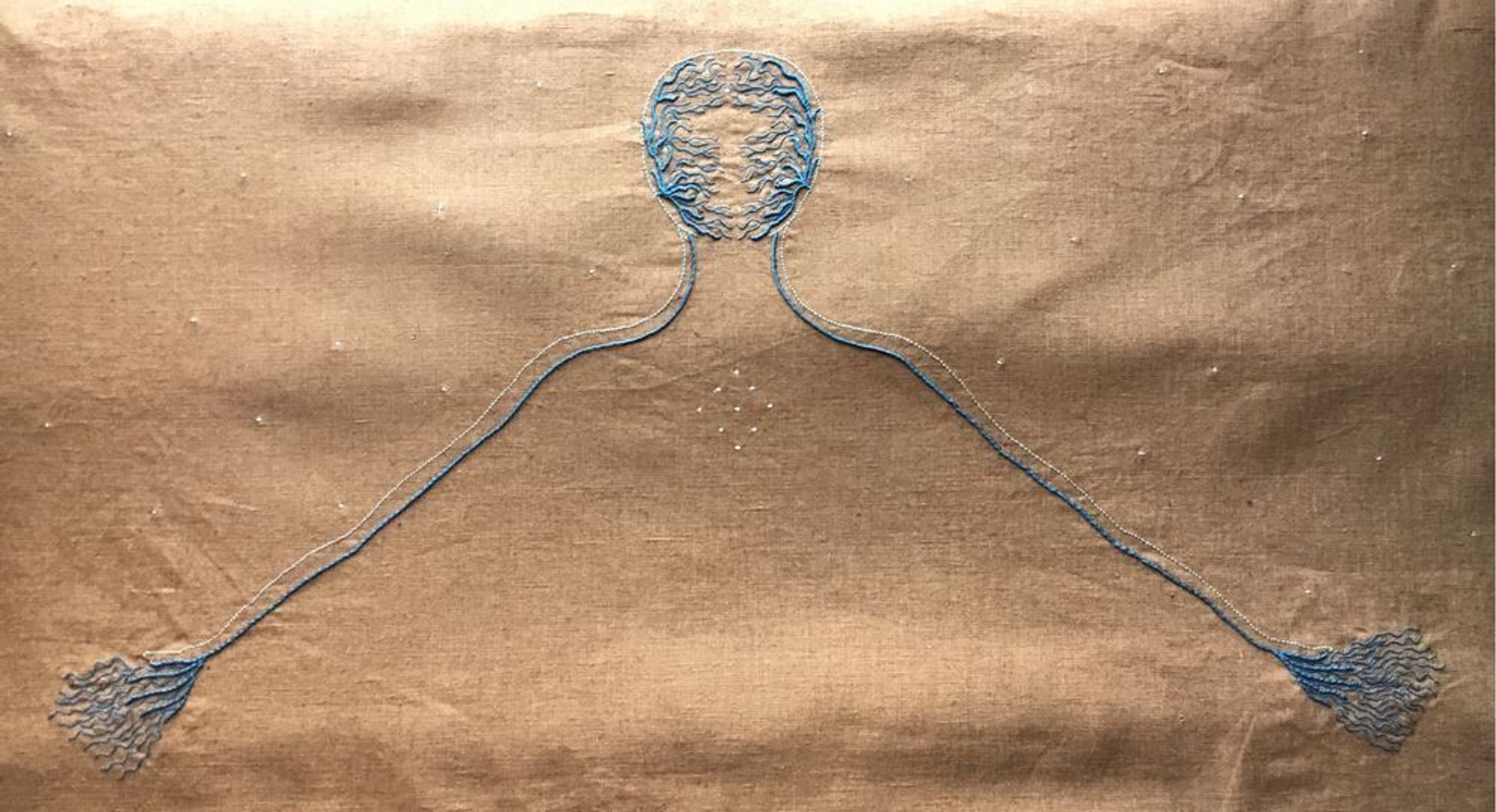 stars within, stars without (2017)

An embroidery on ochre linen, there is the outline of a head and outstretched arms. Tiny blue filigree decorates the face and hands and there are light coloured stars on the chest area and around the neck. 