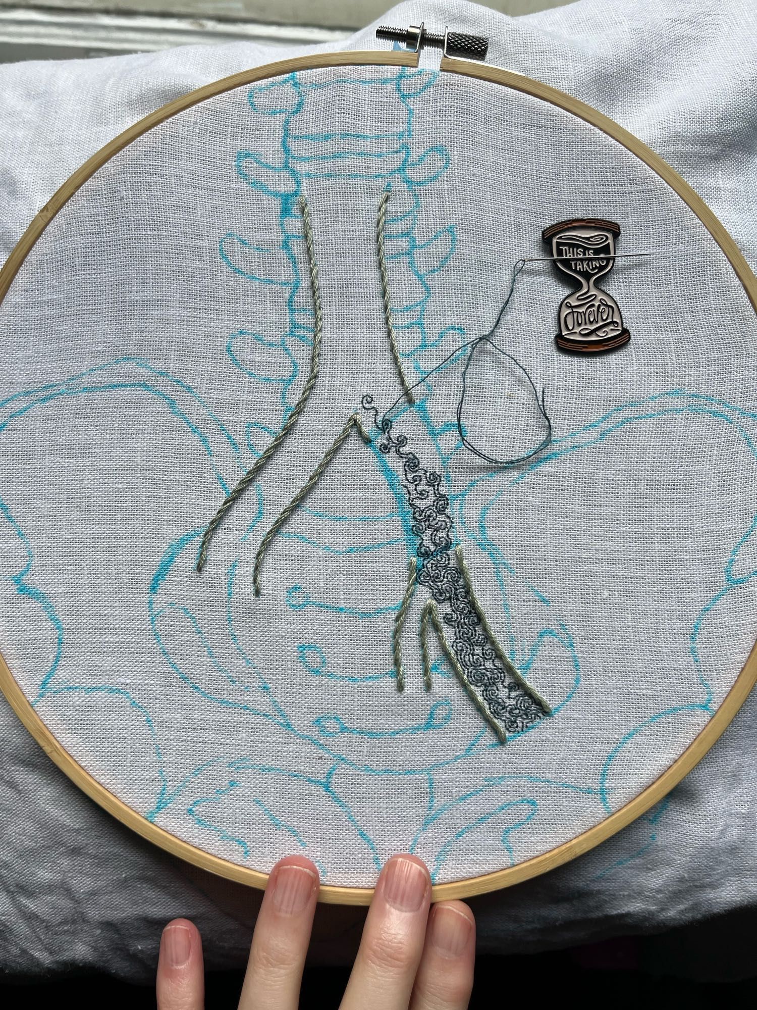 A pelvis, lumbar vertebrae, and part of the iliac vein are sketched in blue marker on white linen. Most of the iliac vein is outlined in grey-green stem stitch. A section on the left branch has been left blank. Some intricate turbulence is being stitched in single strand dark aquamarine backstitch starting at the bottom of the left iliac vein and is almost up to the central vein. An hourglass shaped needle minder reading, “this is taking forever” holds the needle.