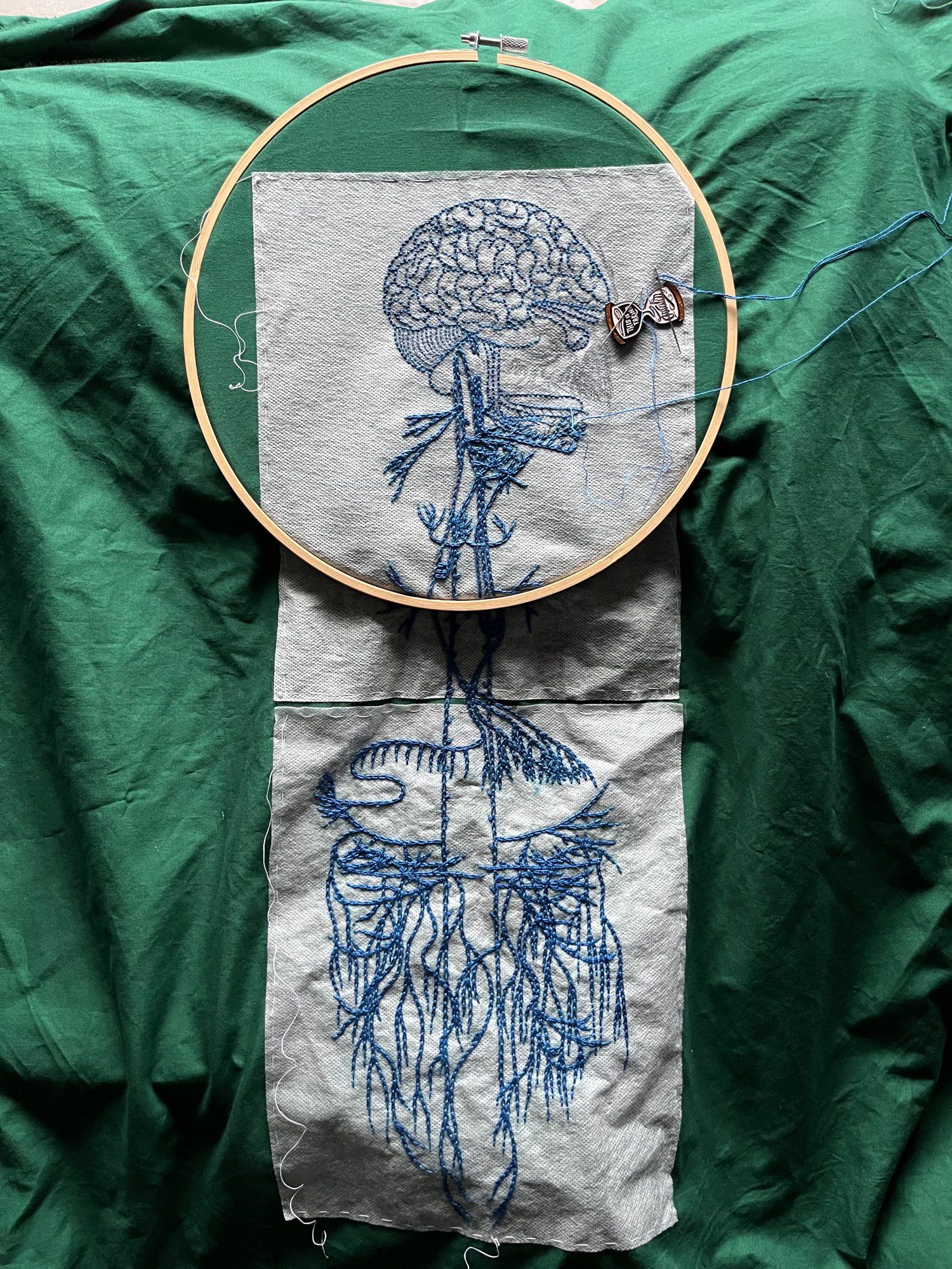 An image of an old engraving of a vagus nerve is printed on sulky material and basted to green cotton. The head and neck are in a medium sized wooden embroidery hoop. All the embroidery of the main nerve lines has been done in blue chain stitch in perlé cotton. The brain and some of the face is stitched in the same thread in backstitch. Some details are stitched in single strand floss. A needle minder in the shape of an hourglass that reads, "This is taking forever," sits near the stitches holding a needle.