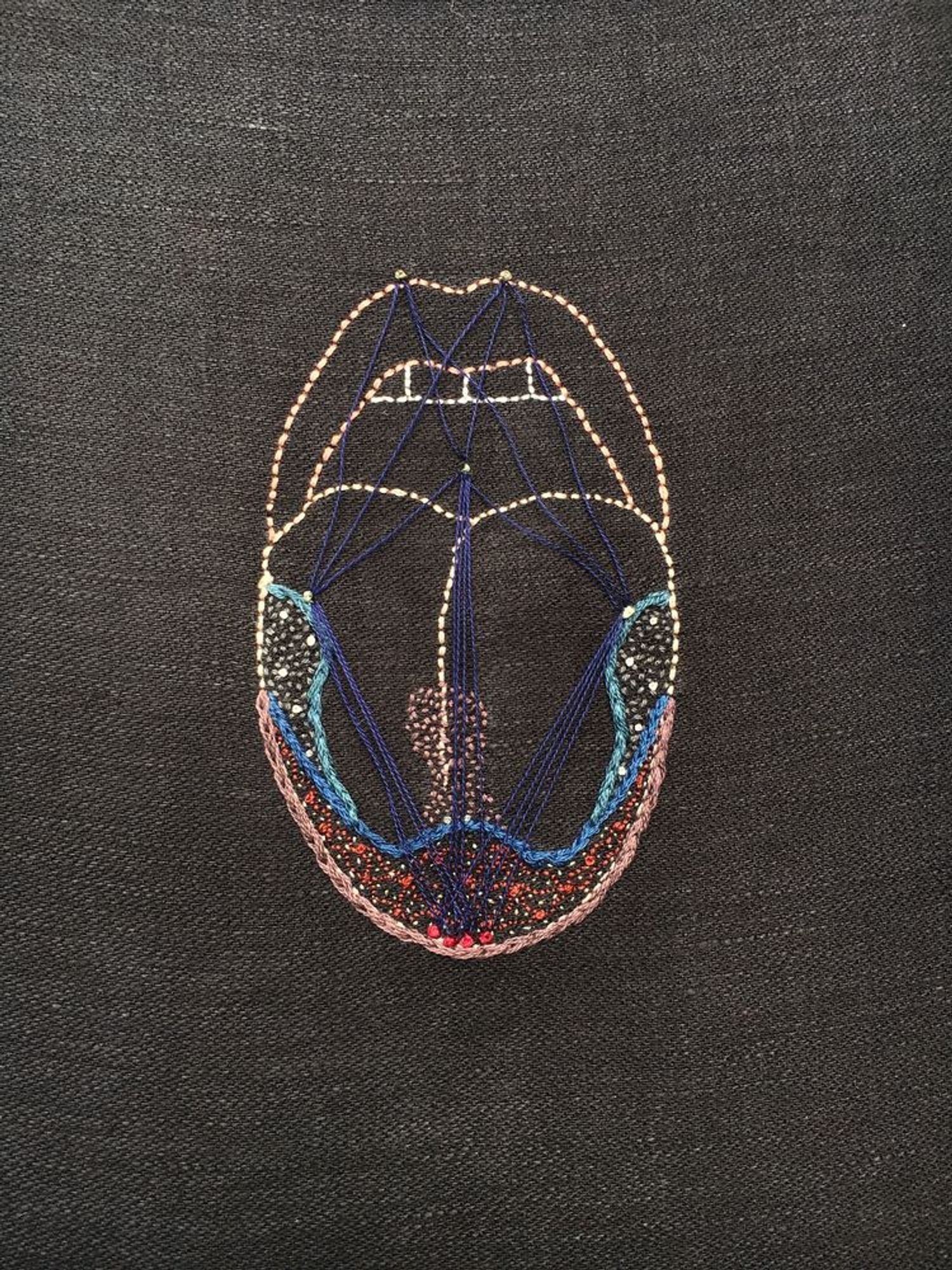 Paresthesia (tongue 2) 2018 

An embroidery on black linen. There is the outline of an open mouth with the tongue sticking out. The lips are outlined in a dark pink, the tongue in a paler pink, and the teeth in bone white. There are sections outlined on the tongue in thick blue lines. The tip and sides of the tongue are covered in tiny red, orange and white dots. In the center of the tongue there is an hourglass shape made of tiny pink dots. There are taut lines of thin dark blue thread stretched from the tip of the tongue to the sides, from the sides of the tongue to the lips and palate, and from the palate to the tip of the tongue.