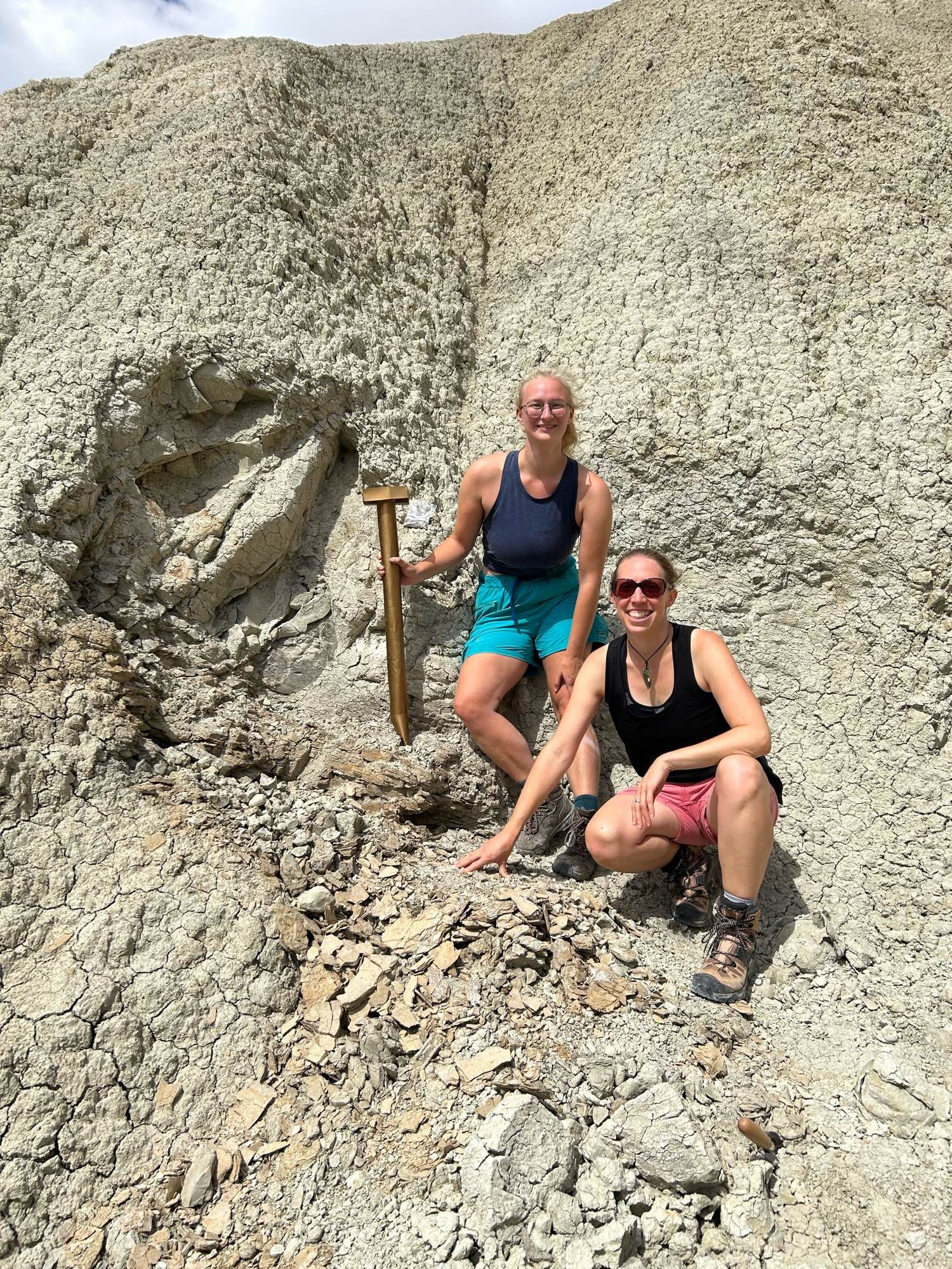 Two women next to a cleaned section on a weathered slope made of white-ish marine sediments. One women holds a (cardboard) golden spike just above a distinctive dark band 20-30 cm think.