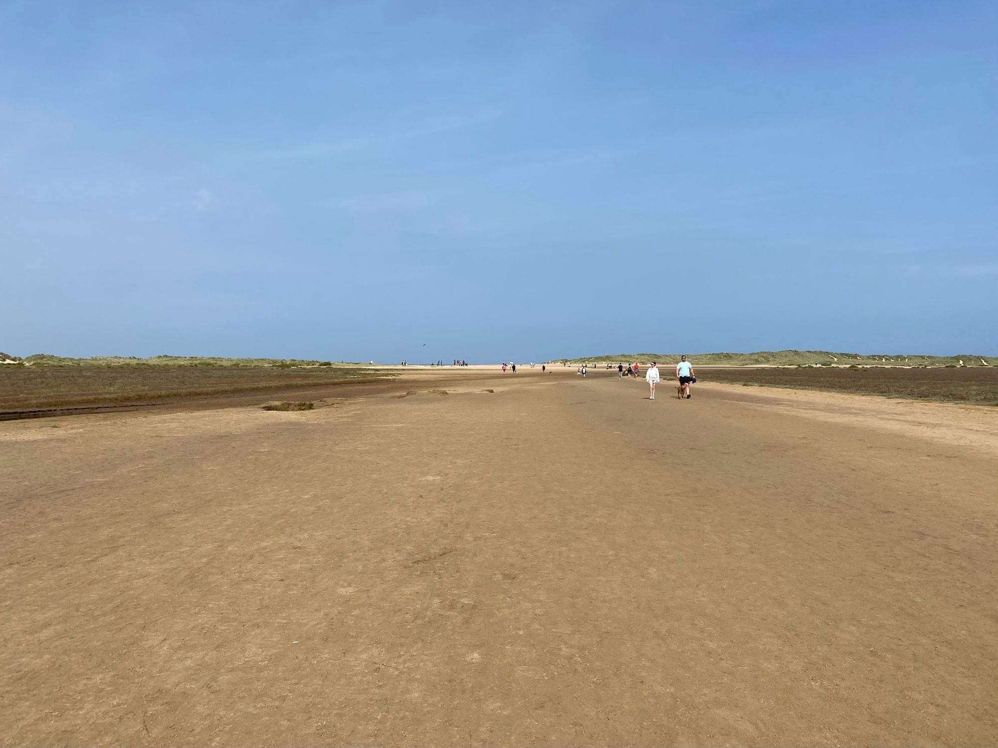 A picture in two parts, above and below a central flat horizon. The top half is clear blue sky. From the horizon a sandy strip extends toward the viewer, with salt marsh visible along each edge. Some lighter sand and quite a few people can be seen in the distance at the centre of the photo. The sea is too far out to be seen.