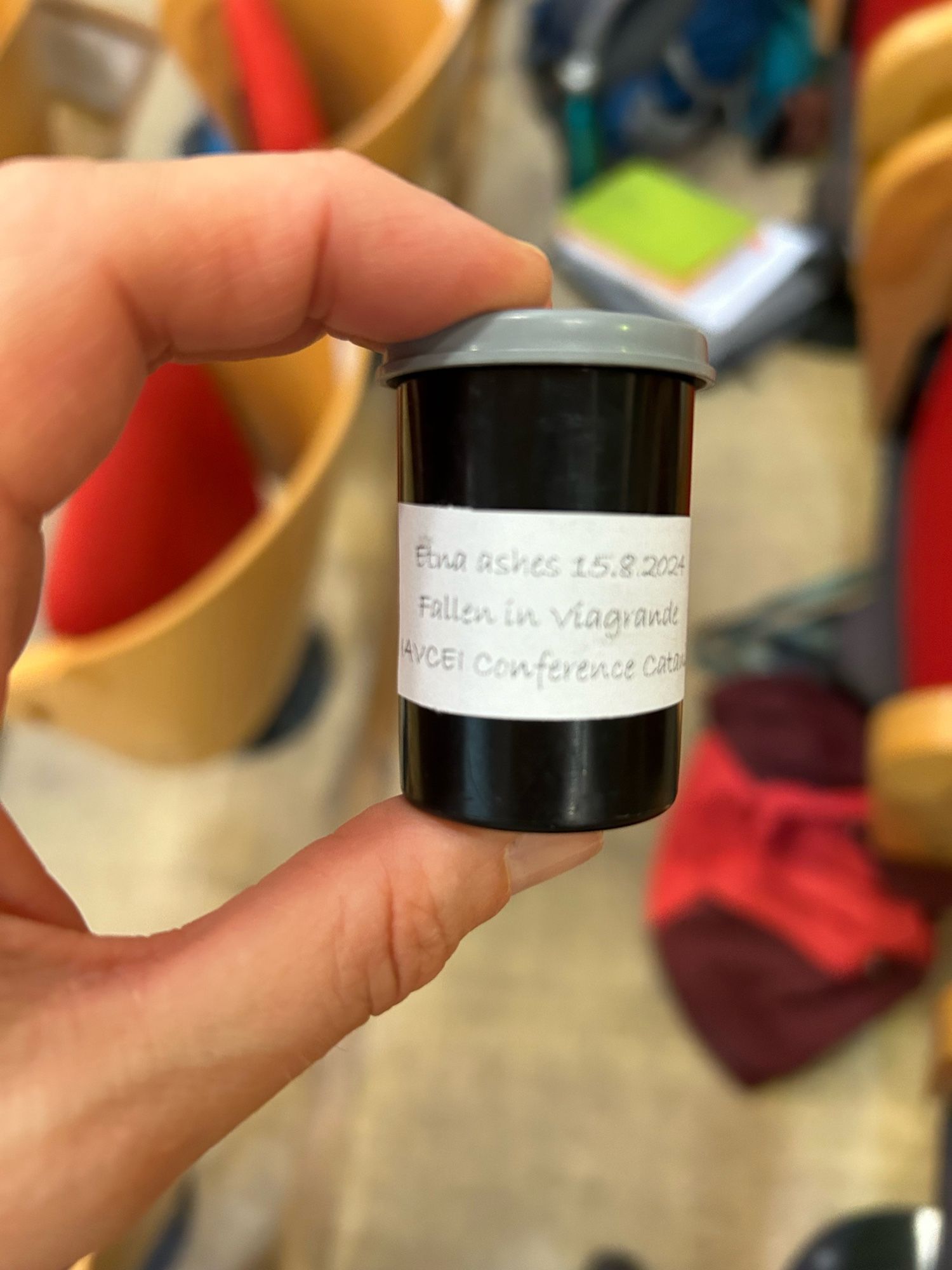 A 35mm film canister containing ash from the most recent eruption of Etna.